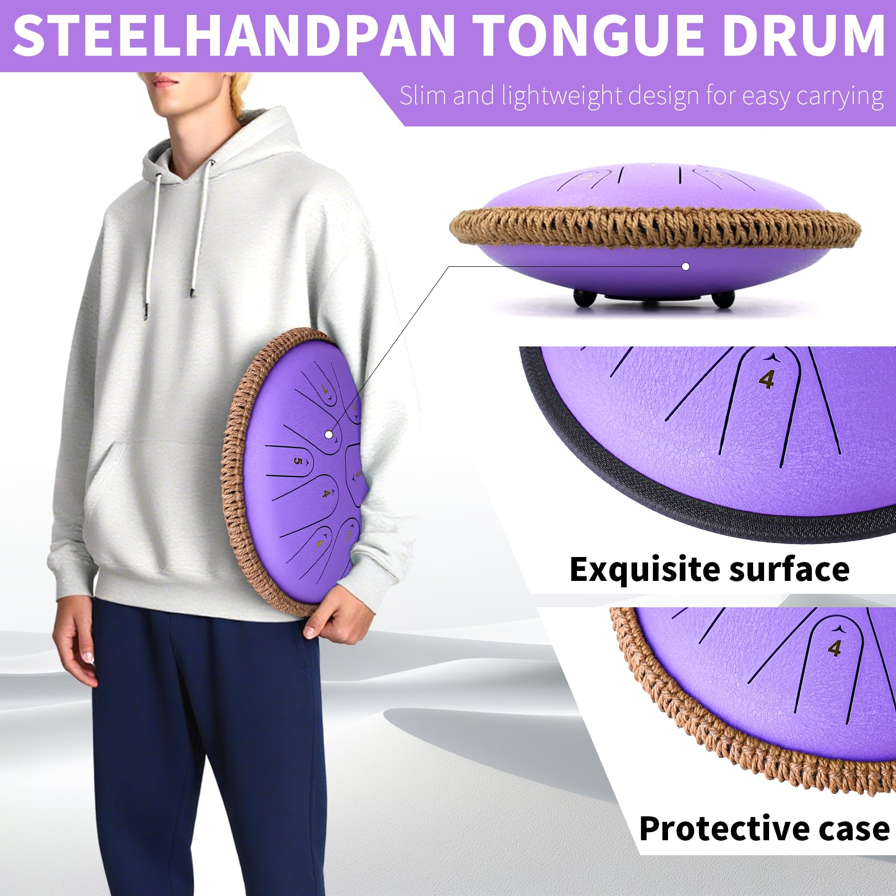 Tambour à langue en acier de 33 cm, 15 notes, do majeur 440 Hz pour adultes, enfants et débutants, cadeau de méditation, avec livre de musique, maillets et sac de transport (violet)