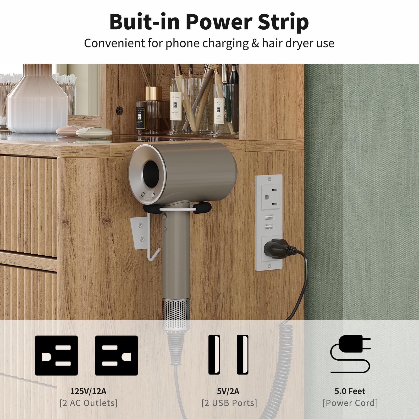 Yanosaku 47" Fluted Vanity Desk with Mirror & LED Lights, 7-Drawer Makeup Vanity with Glass Top & Cabinet, Vanity with Chair & Charging Station, 3 Lighting Modes, for Bedroom, Natural Oak