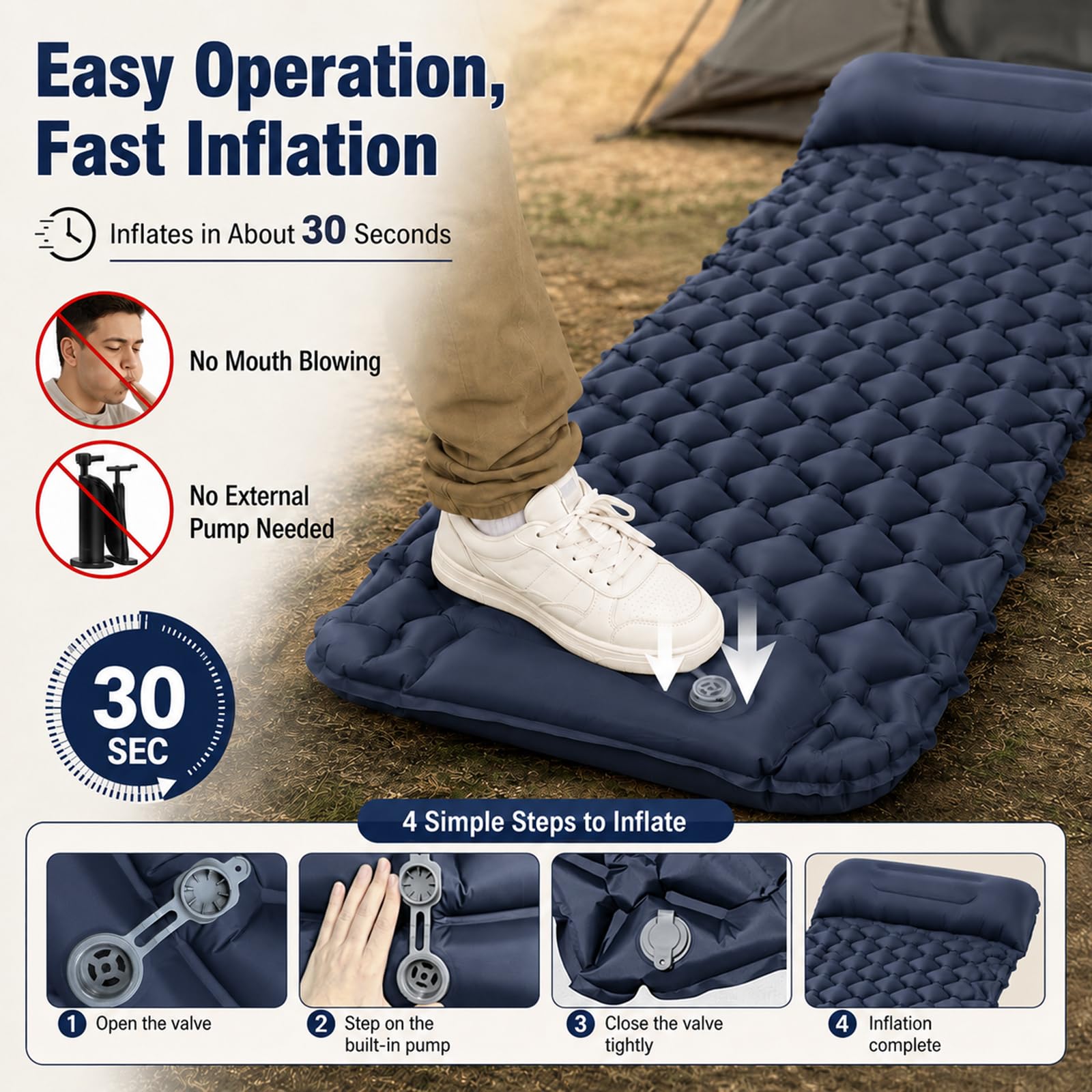 CIYIN Materassino Campeggio, Materassino Autogonfiante, Materasso Gonfiabile Singolo, con Pompa a Pedale, Ultraleggero e Pieghevole, per Escursionismo, Trekking, Tenda, Campeggio (Blu navy)