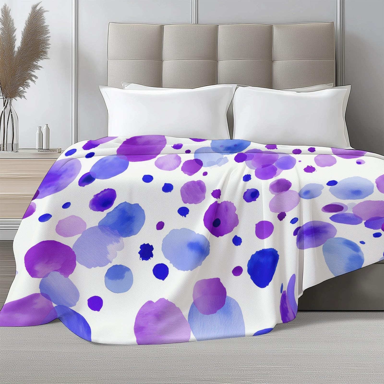 Koc flanelowy na łóżko 220 x 240 cm, miękki ciepły niebieski i fioletowy kropki koc zimowy ciepły oddychający lekki minimalistyczny dla dorosłych dzieci kobiety mężczyźni