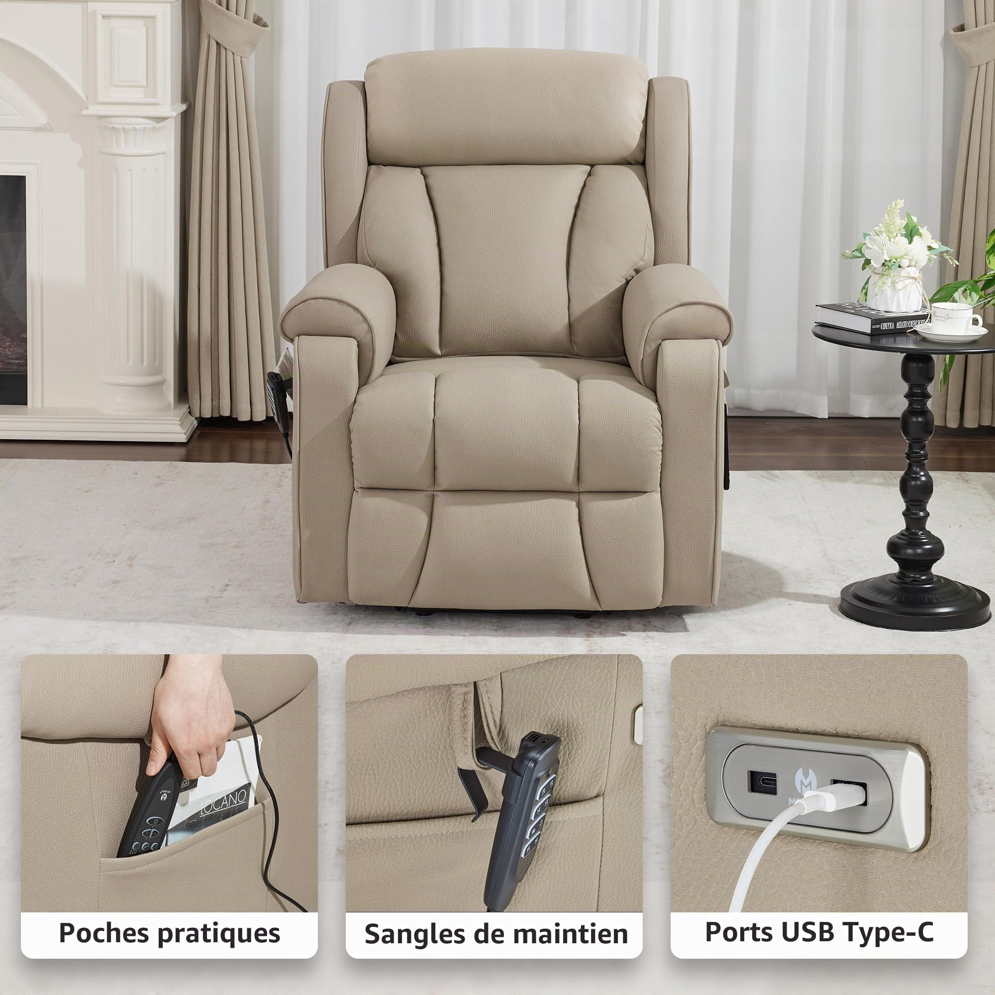 M MCombo Fauteuil TV 4 Moteurs avec Aide à la montée, électrique, Lombaire et Appui-tête réglables, zéro gravité 165°, Massage et Chauffage 7558 (Microfibre, Beige-Brun)