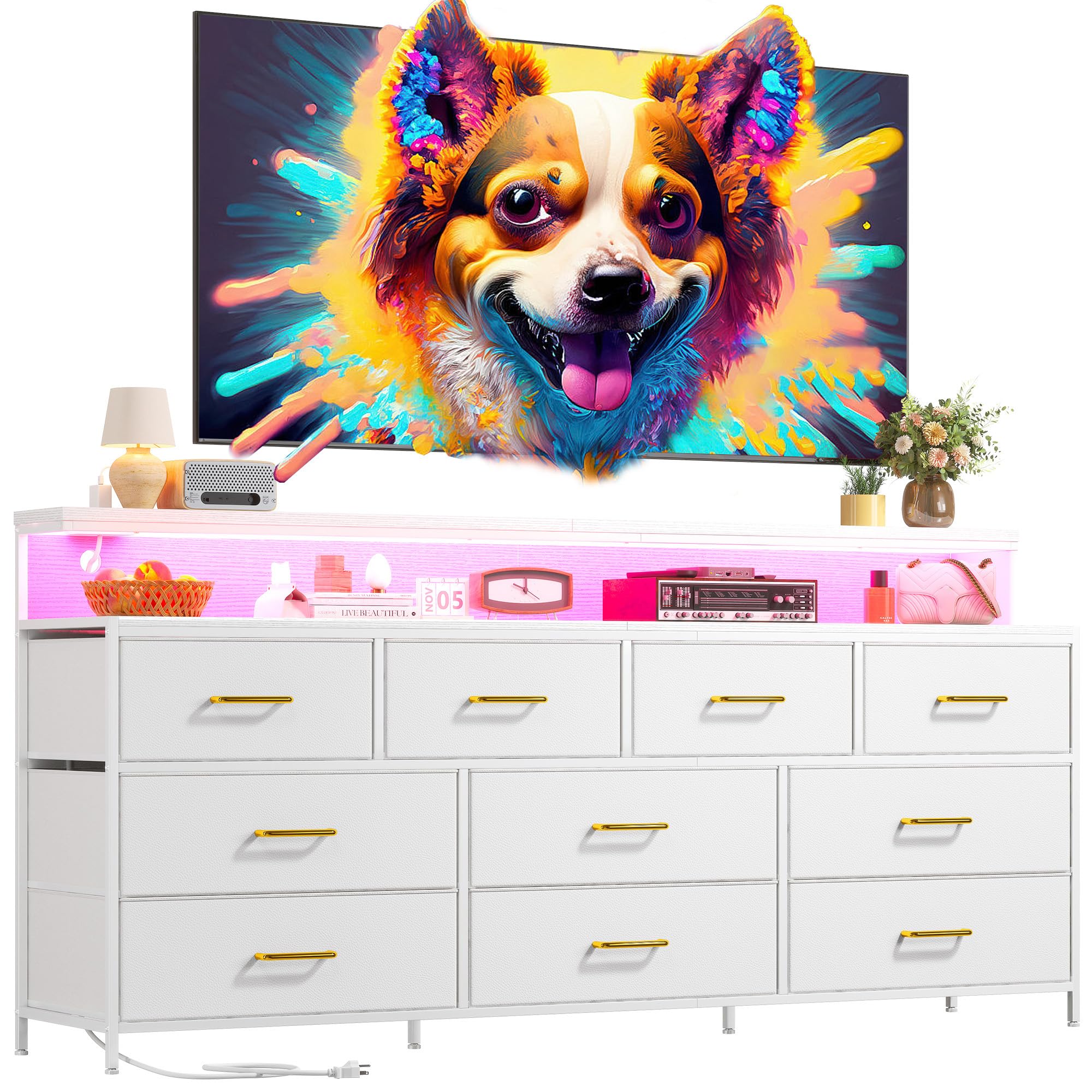 EnHomee 55" W White Dresser for Bedroom with 10 Fabric Drawers Long Dressers & Chests of Drawers with LED Lights & Power Outlets Large Dresser for Bedroom for Closet, Hallway, Metal Frame, White