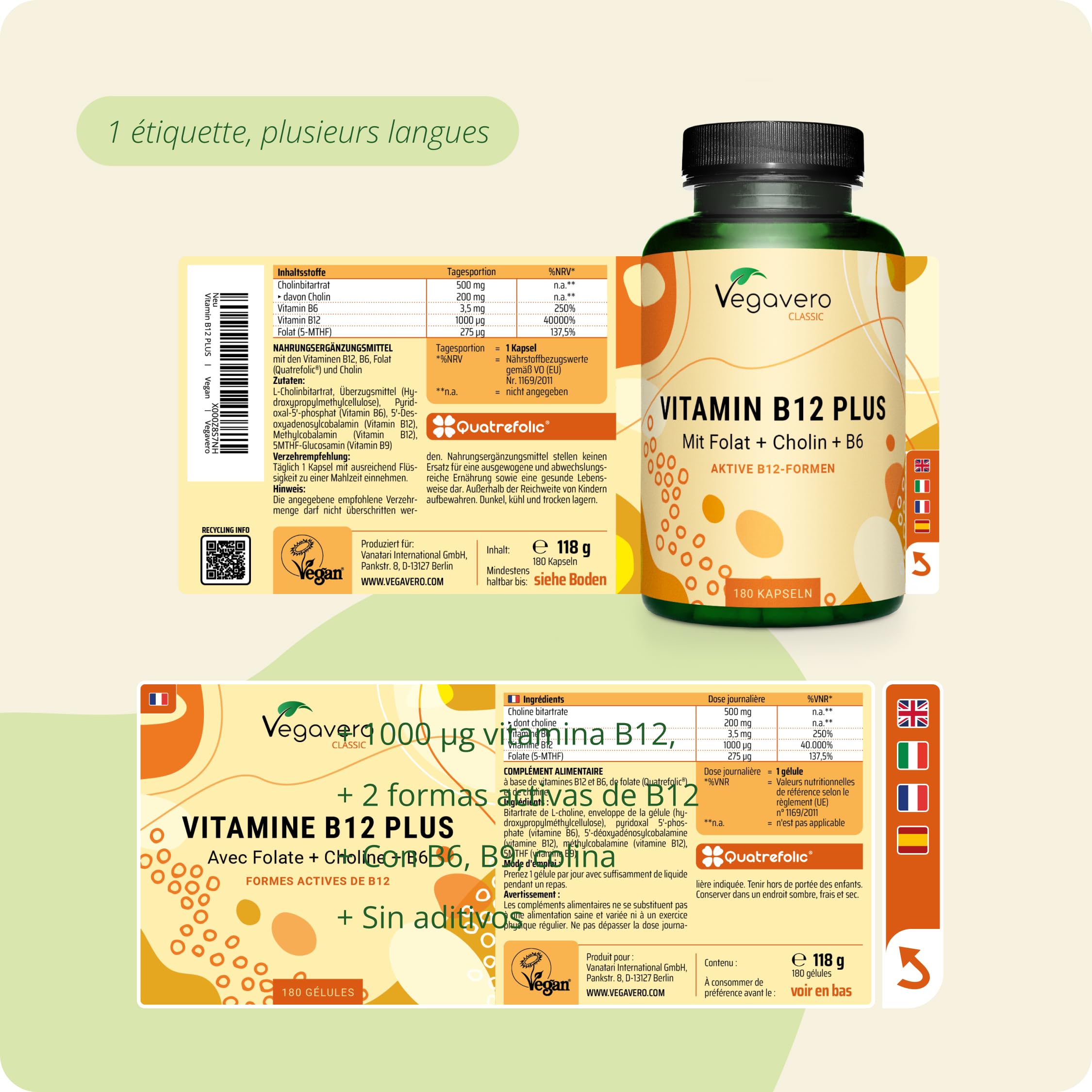 Vitamine B12 1000 mcg Vegavero® | Origine FRANCE & Espagne | La Seule SANS ADDITIFS & VEGAN | Avec 2 Formes Actives + Acide Folique + B6 + Choline | Énergie + Anti-Fatigue* | 180 Gélules