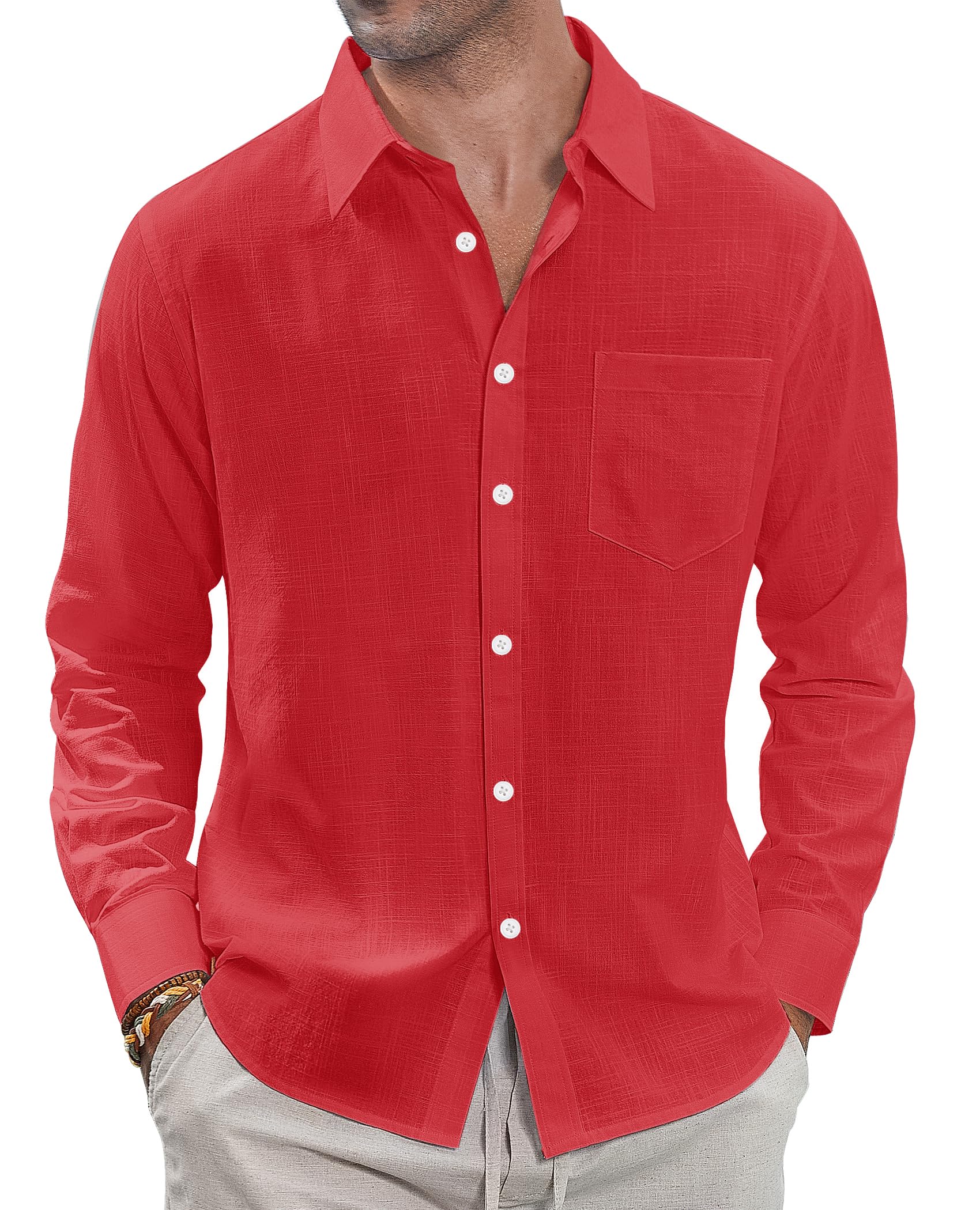 J.VER Men's Linen Shirts Casual Button Down Long Sleeve Shirt Solid Spread Collar Summer Beach Shirts with Pocket