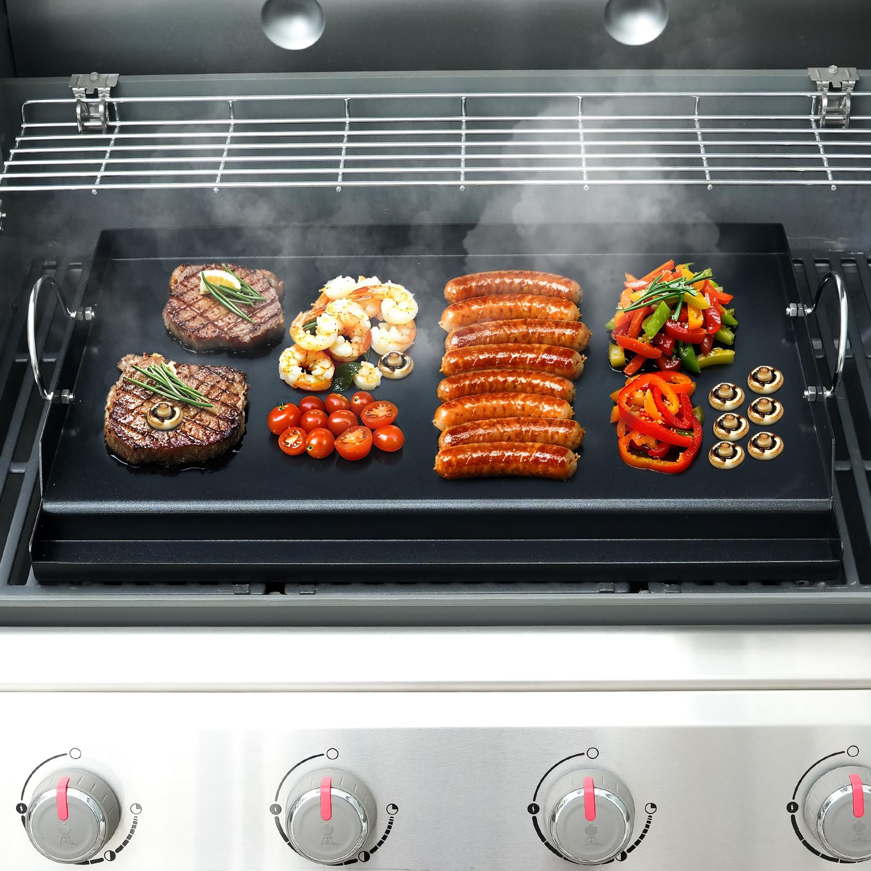 Onlyfire Piastra per Barbecue Universale in Rivestimento Antiaderente in Ceramica per BBQ a Gas e Carbone, Piastra per Griglia Grande per Cucinare e Campeggiare All'aperto, 63.7 x 40.5 x 7 CM