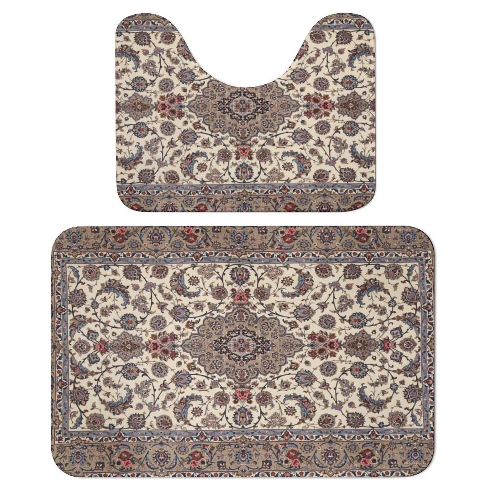 CLaLoc Bathroom Rug Set 2 Piece Oriental Floral Persian Carpet Pattern Bath Rugs and U-Shaped Contour Toilet Rug, Non-Slip Bath Carpet Bath Mats for
