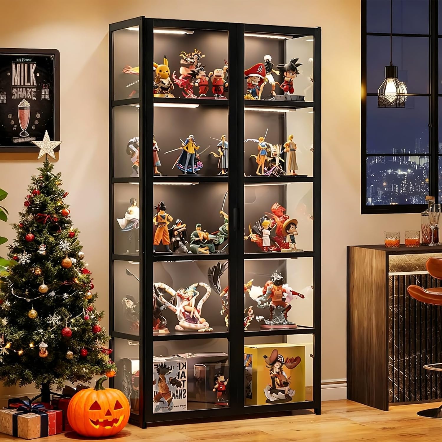 Vitrina de 5 pisos de pie, armarios Curio, estantería con puertas, puertas acrílicas transparentes, vitrina de coleccionista para sala de estar, oficina, libros, sala de juegos (Doble puerta negra)