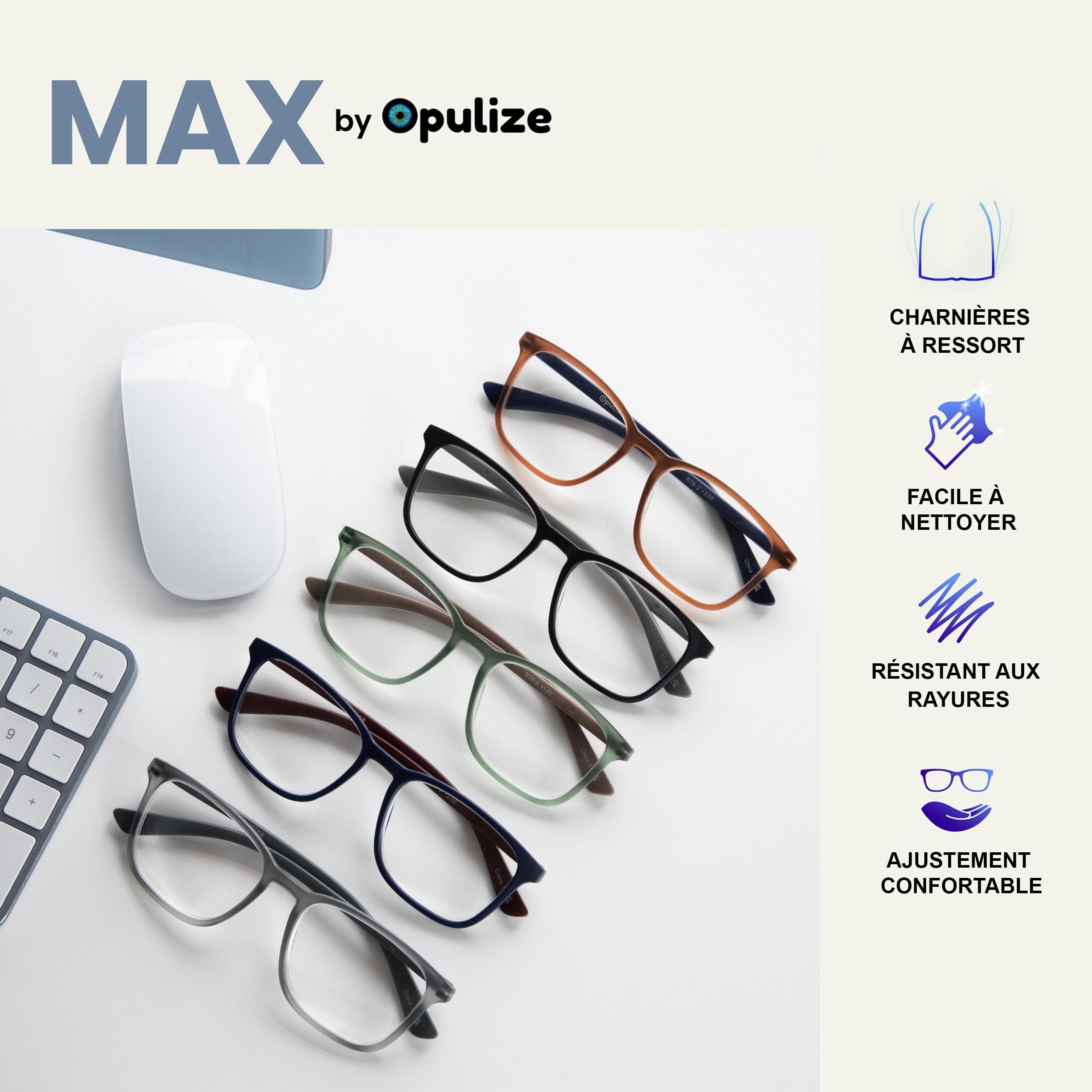 OPULIZE Max - Lunettes de Lecture - Monture Large et Rectangulaire, Forme Classique - Gris Transparent Mat avec Branches Vertes - Hommes Femmes - R78-7 - +1,50 - 5