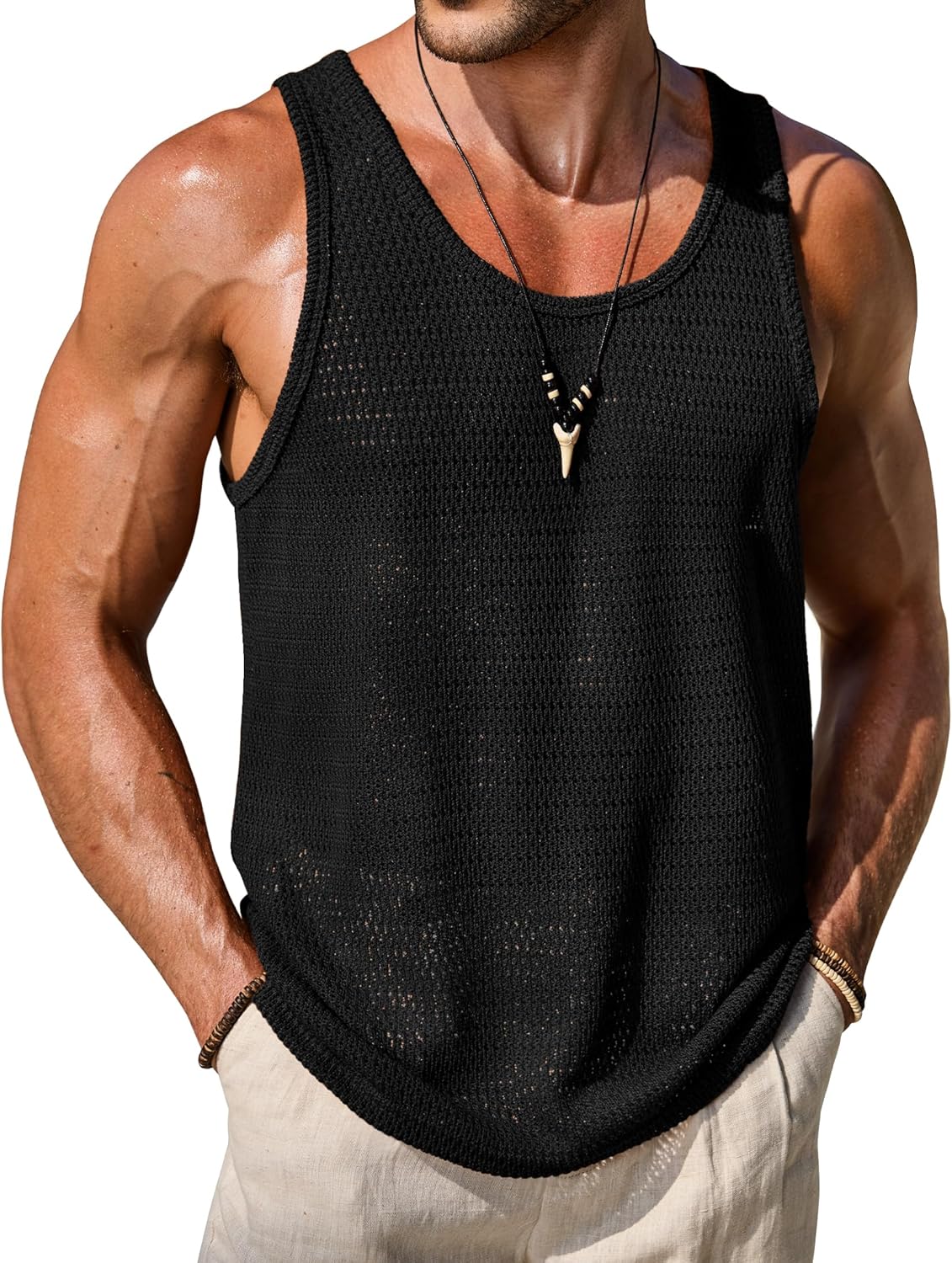 Men Mesh Hollow Out Tank Top Breathable See Through Beach Vest(S-XXL)