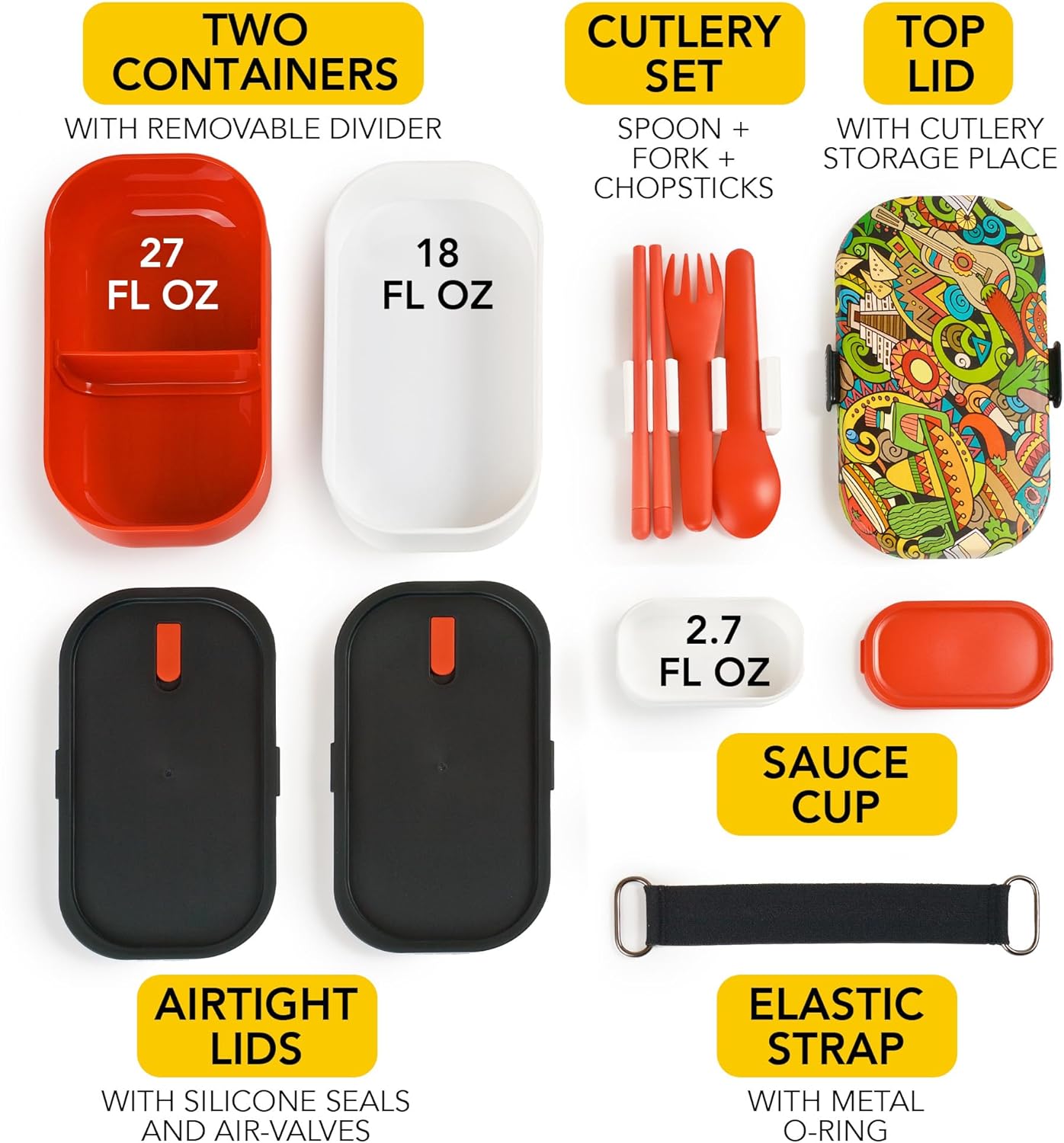 Adult Bento Box Lunch Container with Compartments for Work & Meal Prep, Set of Utensil & Chopsticks, Microwave & Dishwasher Safe, Leakproof Reusable Japanese Food Storage