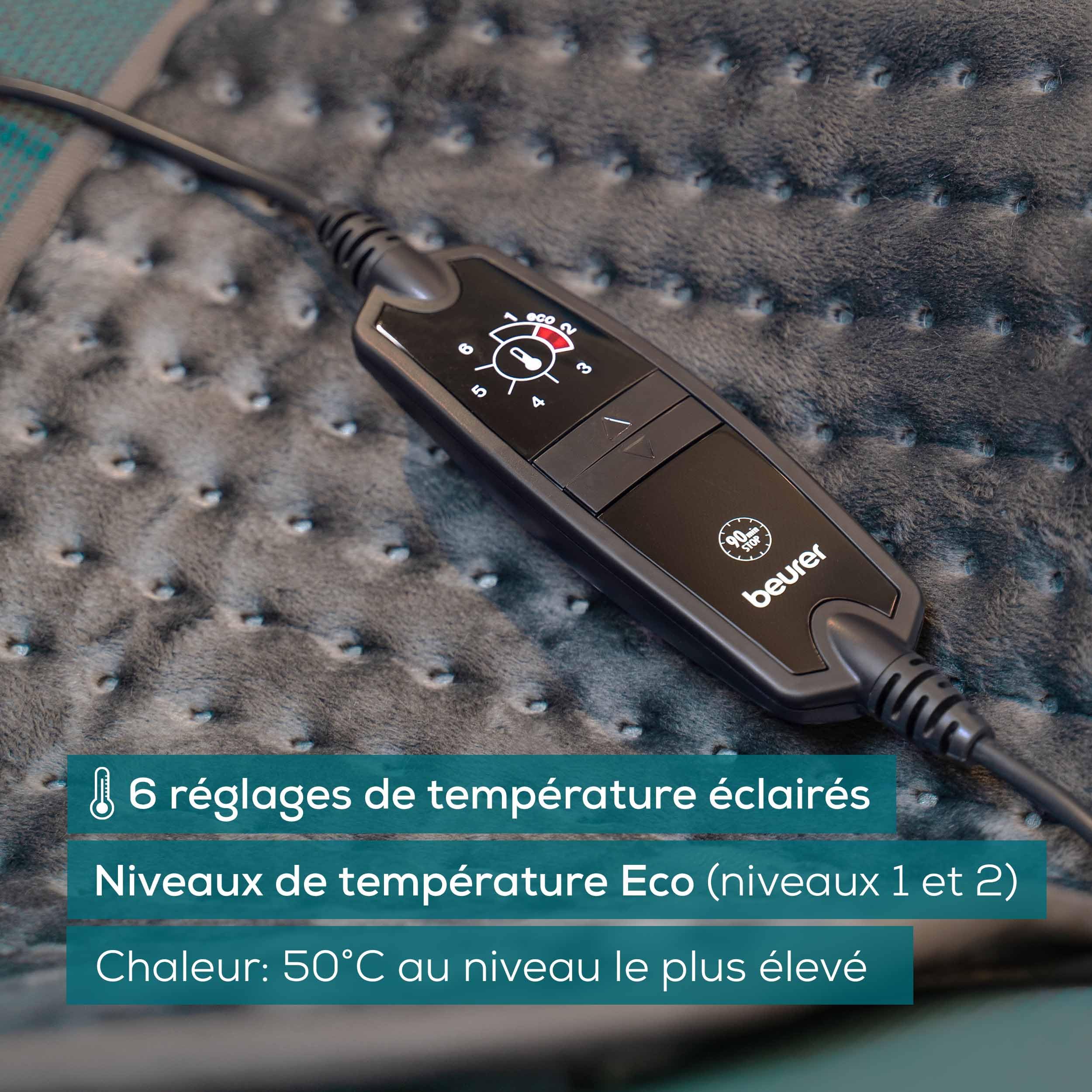 Beurer HK 123 Cosy Grey Green Planet Coussin chauffant, face supérieure et inférieure en matériau recyclé moelleux, format XXL 60 x 30 cm, avec 6 niveaux de température, lavable en machine
