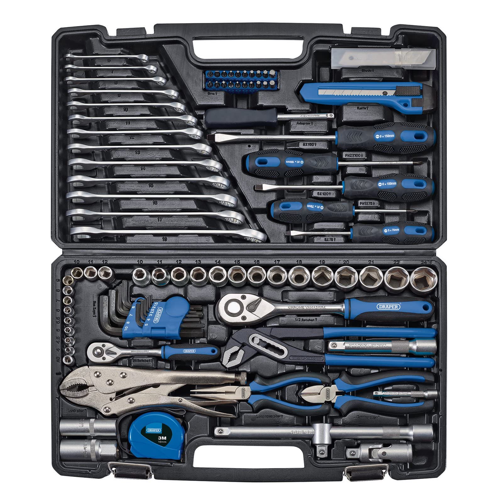 Draper Kit de herramientas de 100 piezas | Herramientas manuales de acero al cromo vanadio | Trinquetes y enchufes cuadrados de 1/2 pulgada y 1/4 pulgadas | Alicates | Destornilladores y puntas |