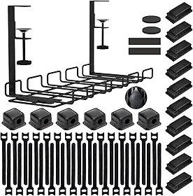 Kit de bandeja de gerenciamento de cabos sob a mesa de 52 peças – cesta organizadora de cabos sem furadeira de 38 cm para escritório/casa, comporta cabos de extensão e fios, suporte de
