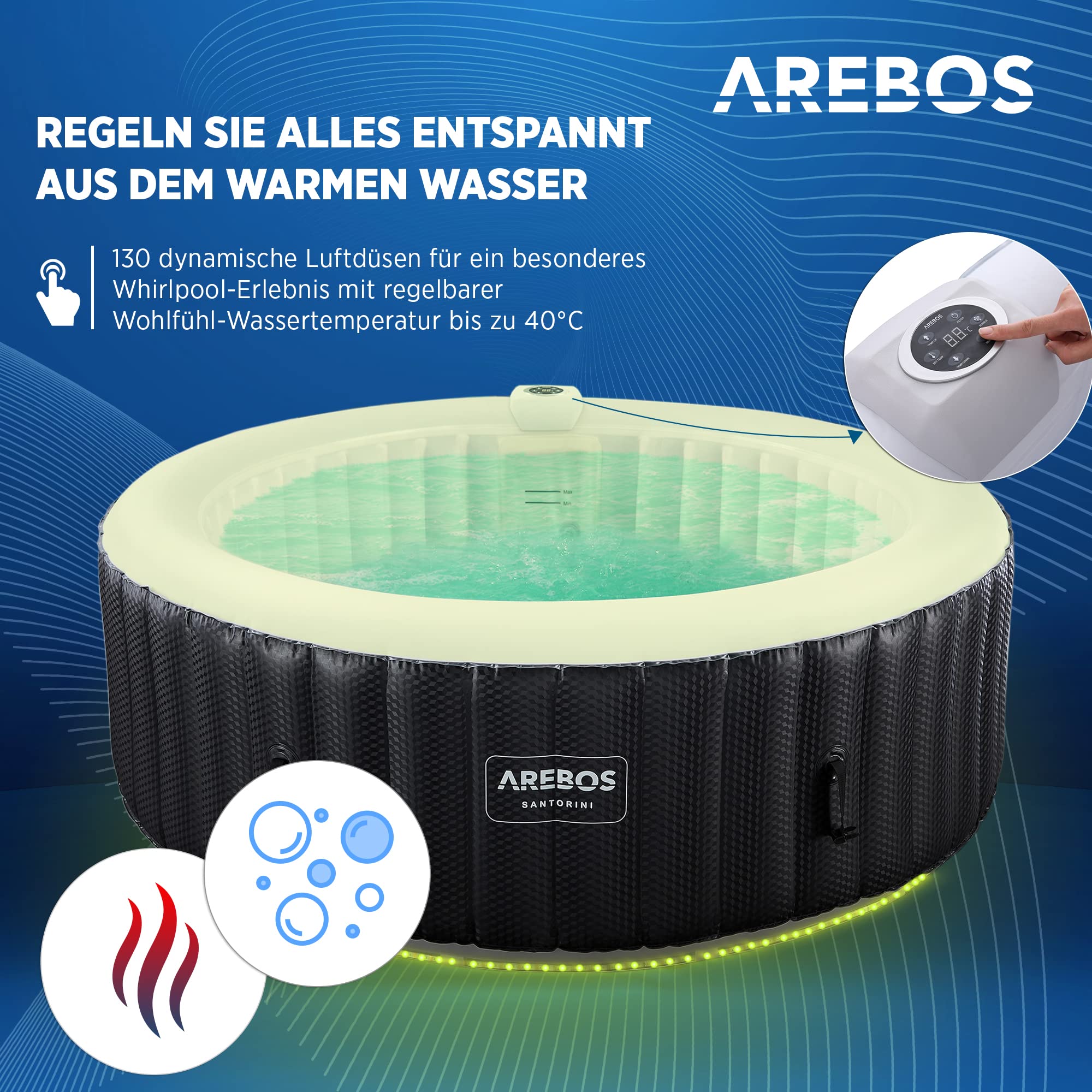 Arebos Whirlpool | automatisch aufblasbar | In & Outdoor | 6 Personen | ⌀ 208 cm | LED Leuchtband | 130 Massagedüsen | 1000 Liter | Inkl. Abdeckung | Bubble Spa & Wellness Massage