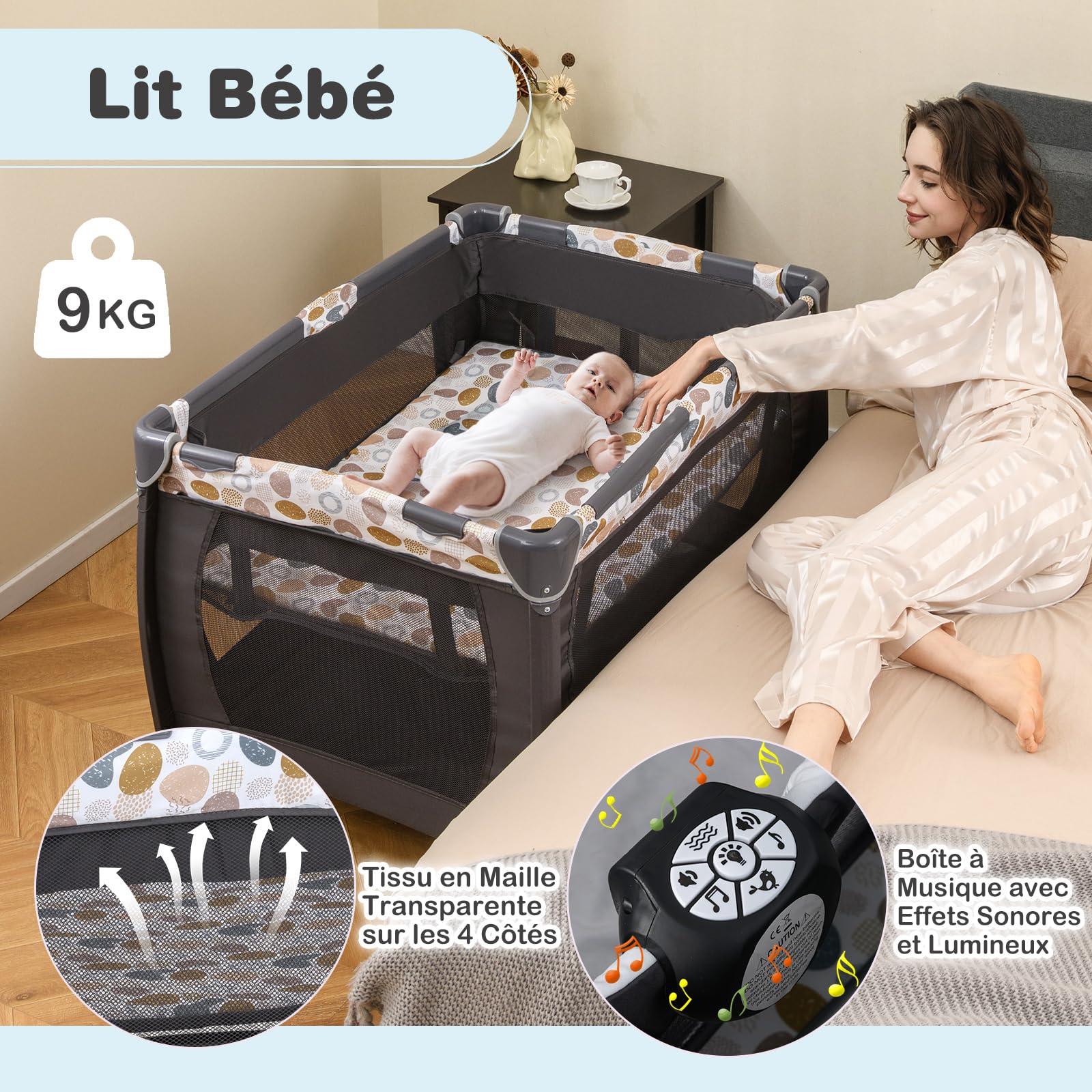COSTWAY 5 en 1 Lit Parapluie Bébé avec Matelas & Table à Langer, Lit Bébé Evolutif avec Boîte à Musique & Jouets Suspendus, Sac de Transport & Roues Verrouillables, Berceau pour 0-36 Mois (Bleu)