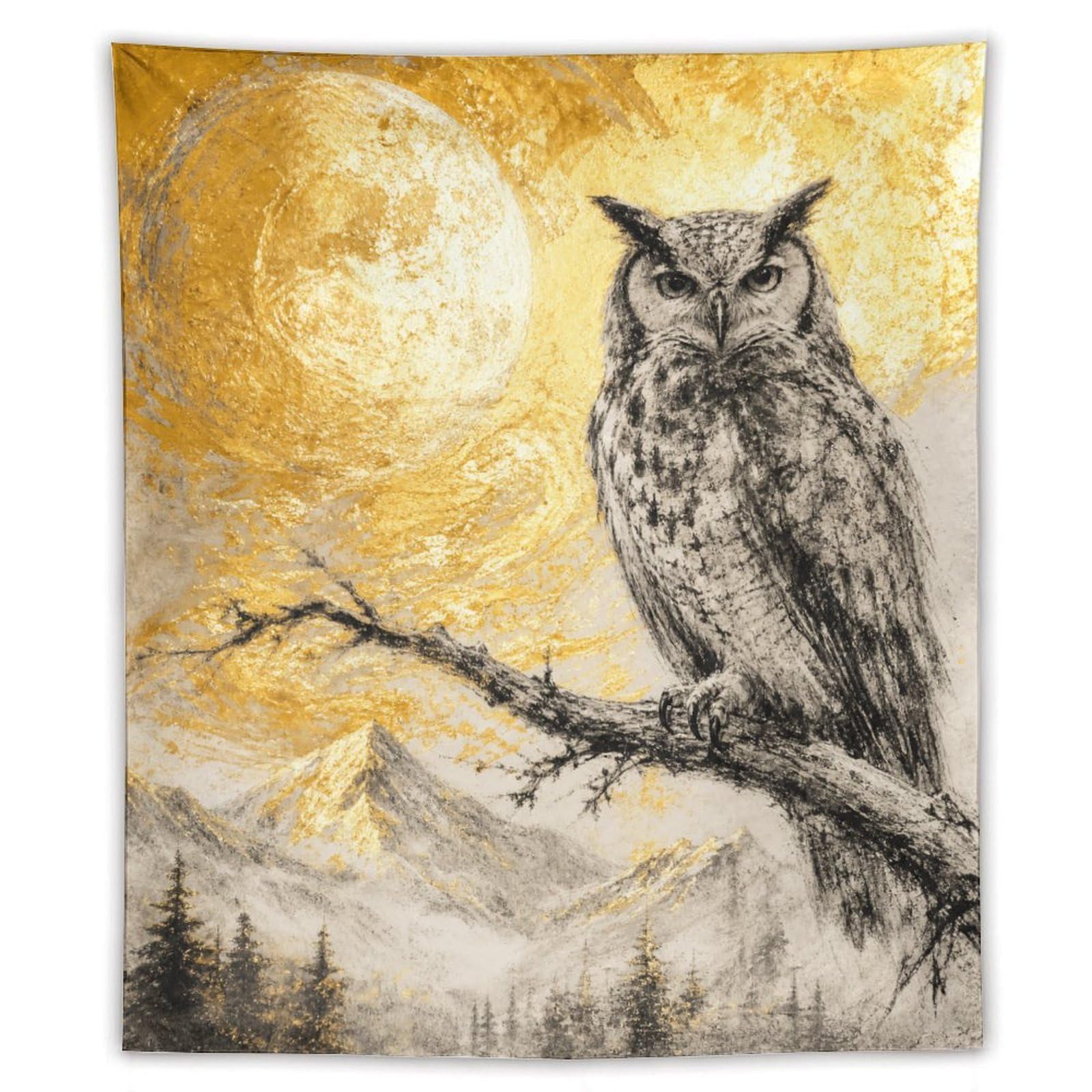 W7C8U2X3 Owl on Golden Moon Branch Wall Tapestry, Moonlit Stage