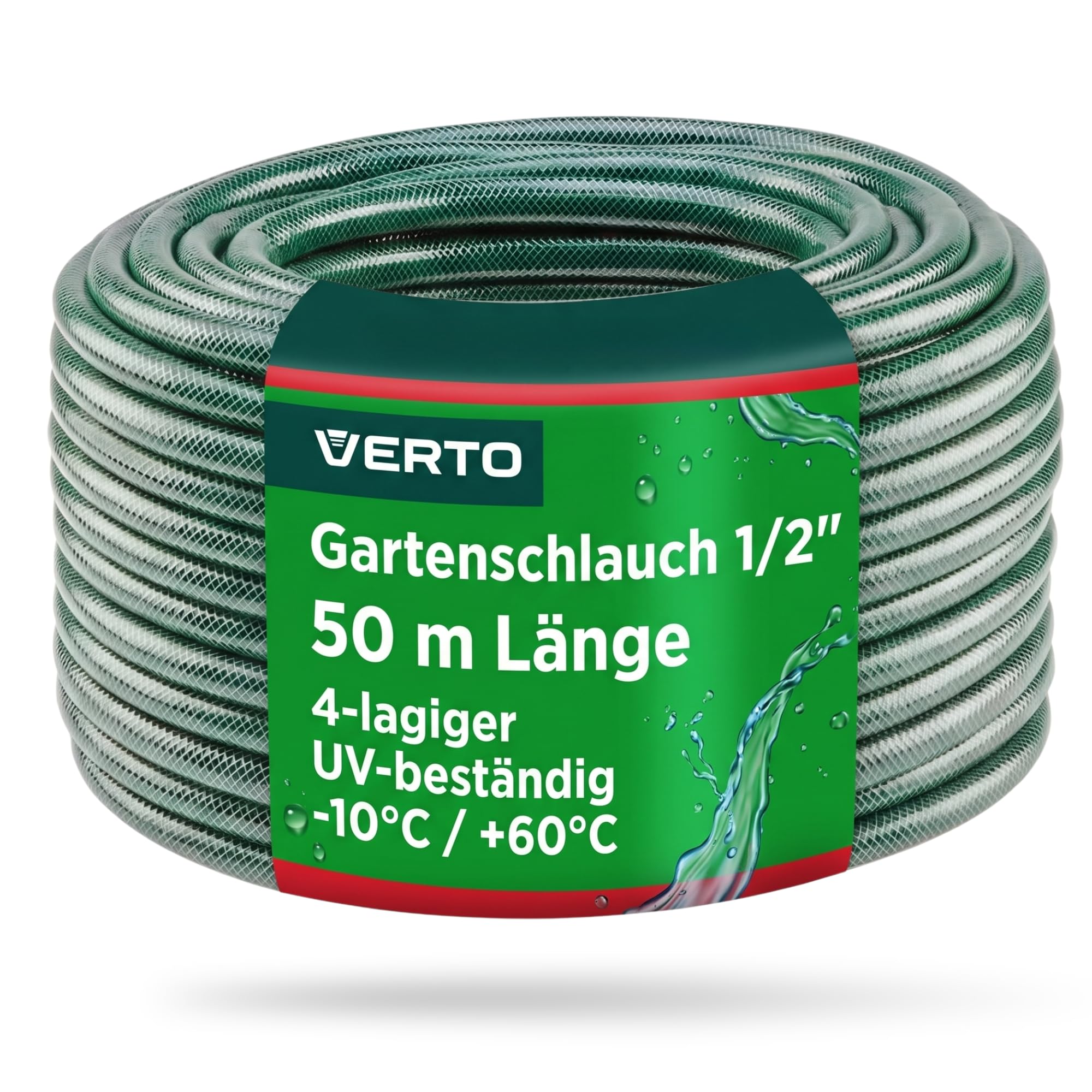 VERTO Gartenschlauch 1/2 Zoll, 50 m Länge, 4-lagiger, UV-beständig | Flexibel Schlauch, Wasserschlauch mit Anti-Algen-Innenausstattung, 24 bar Berstdruck, Grün