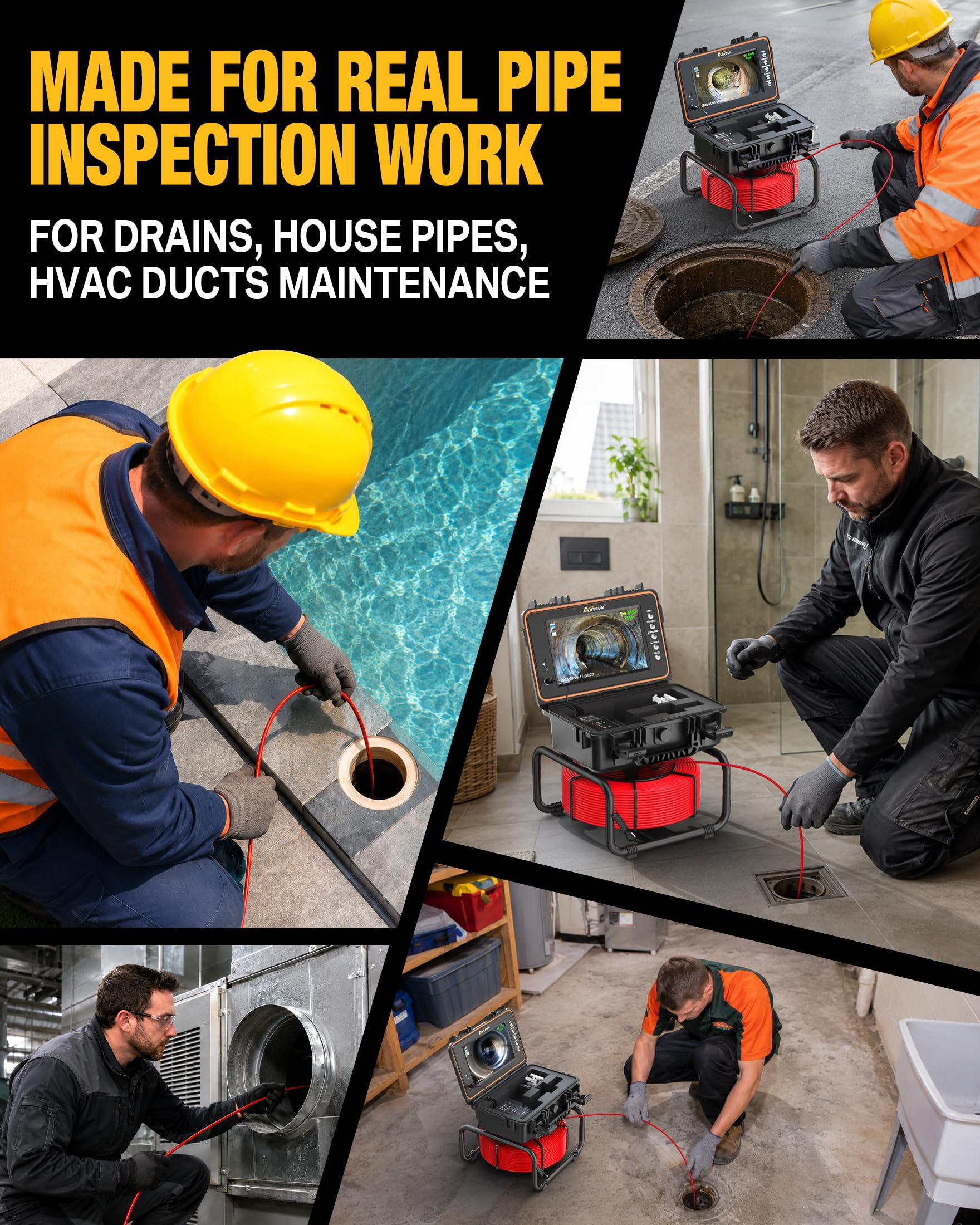 Anysun Caméra Inspection Canalisation Autonivelante avec Sonde 512Hz, Compteur Métrique, Endoscope Industriel Plomberie 1080P, Écran IPS 9", DVR, 23mm Caméra IP68 Étanche pour Détection Fuite Bouchon