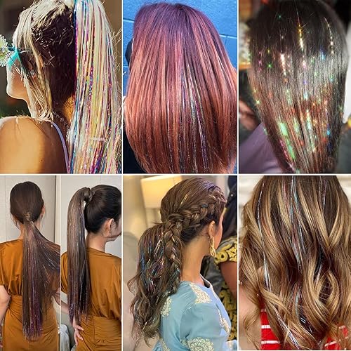 Miniatura 6 de 12 piezas de extensiones de cabello de oropel con clip, 24 pulgadas, kit de extensiones de cabello de oropel con purpurina brillante, accesorios