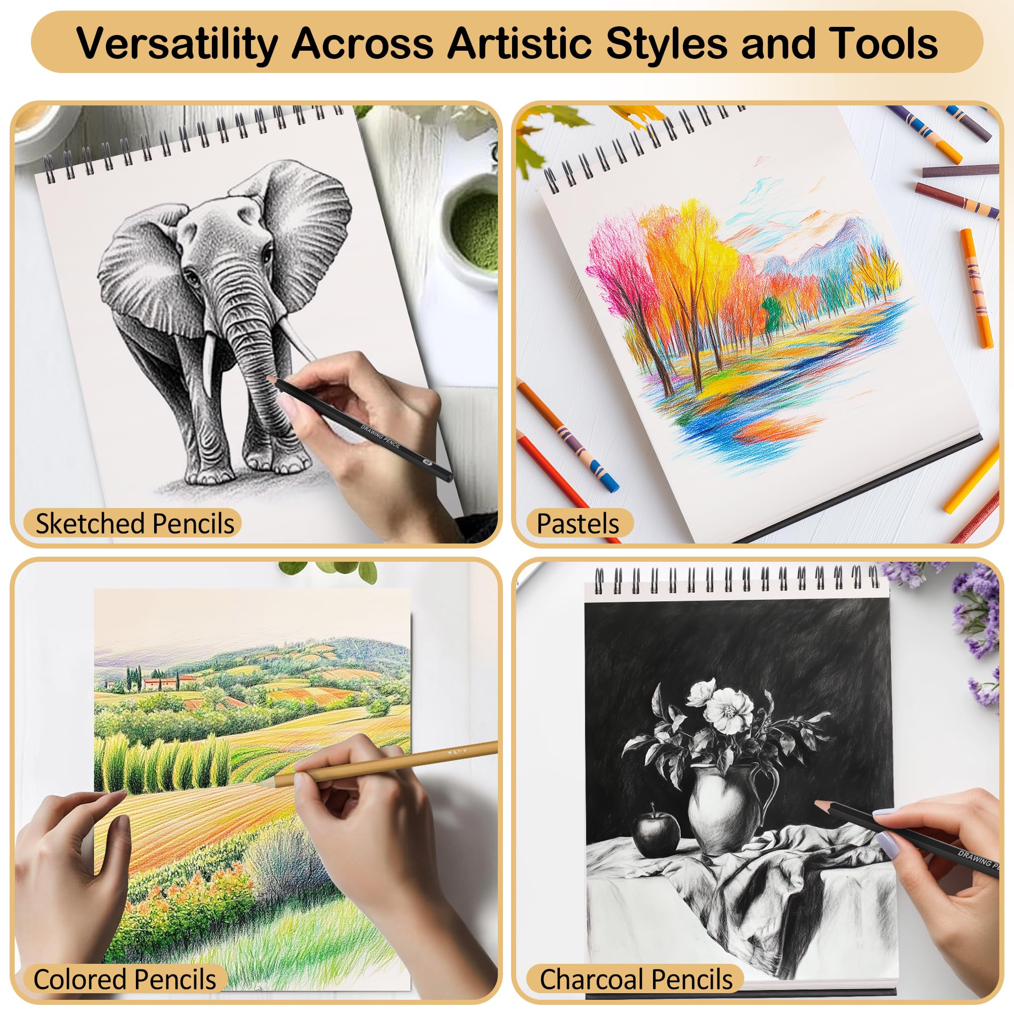 DazSpirit Cuaderno de Dibujo A4, Sketchbook con Tapa Dura y Papel Grueso 200g/m², 12 Lápices de Dibujo & Gomas, Bloc de Dibujo Espiral, 50 Hojas/100 Páginas, Perfecto para Lápices, Carbón, Pasteles