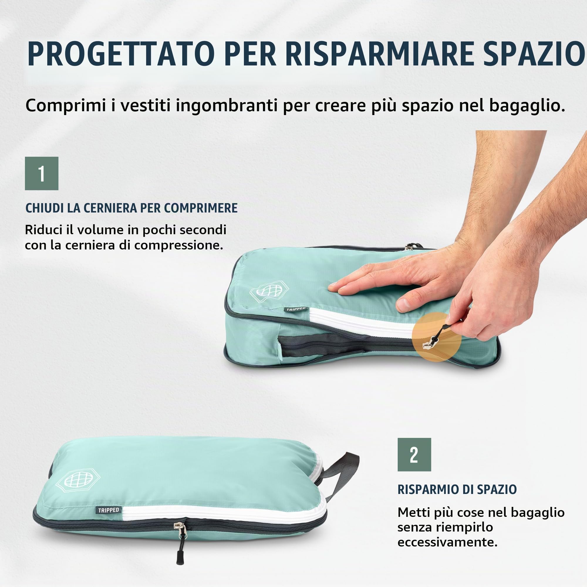 TRIPPED Travel Gear - Set di 7 cubi da imballaggio grandi per bagagli a compressione, ultra leggeri, espandibili, sacchetti a compressione per vestiti di TRIPPED Travel Gear (DustyTeal/bianco)