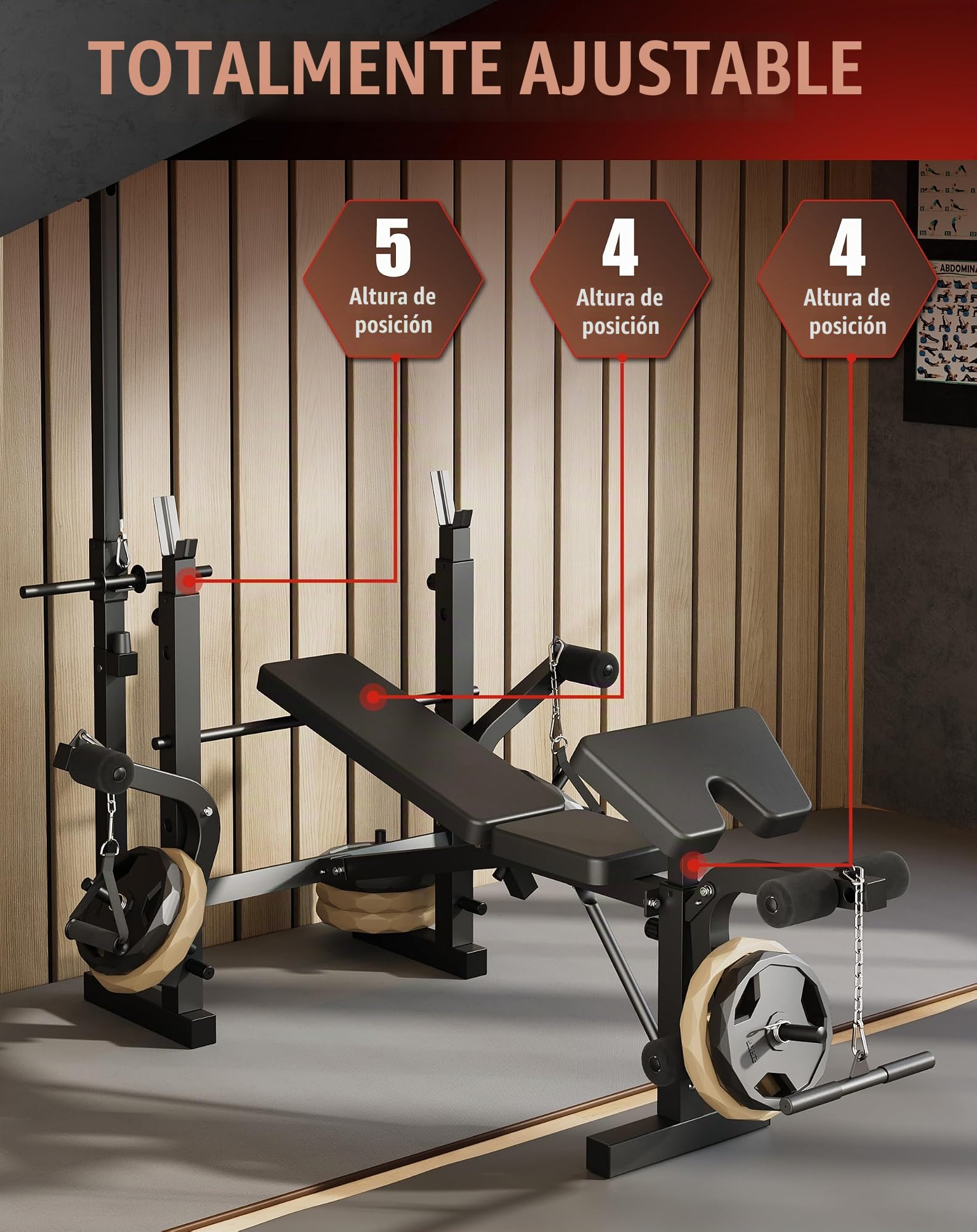 Banco De Pesas Ajustable 4 En 1 Para Gimnasio En Casa - Con Rack Para Barra, Extensión De Piernas, Pad Rizo Predicador y Articulación Mariposa - Plegable y Soporta 900 Lb Para Entrenamiento Completo