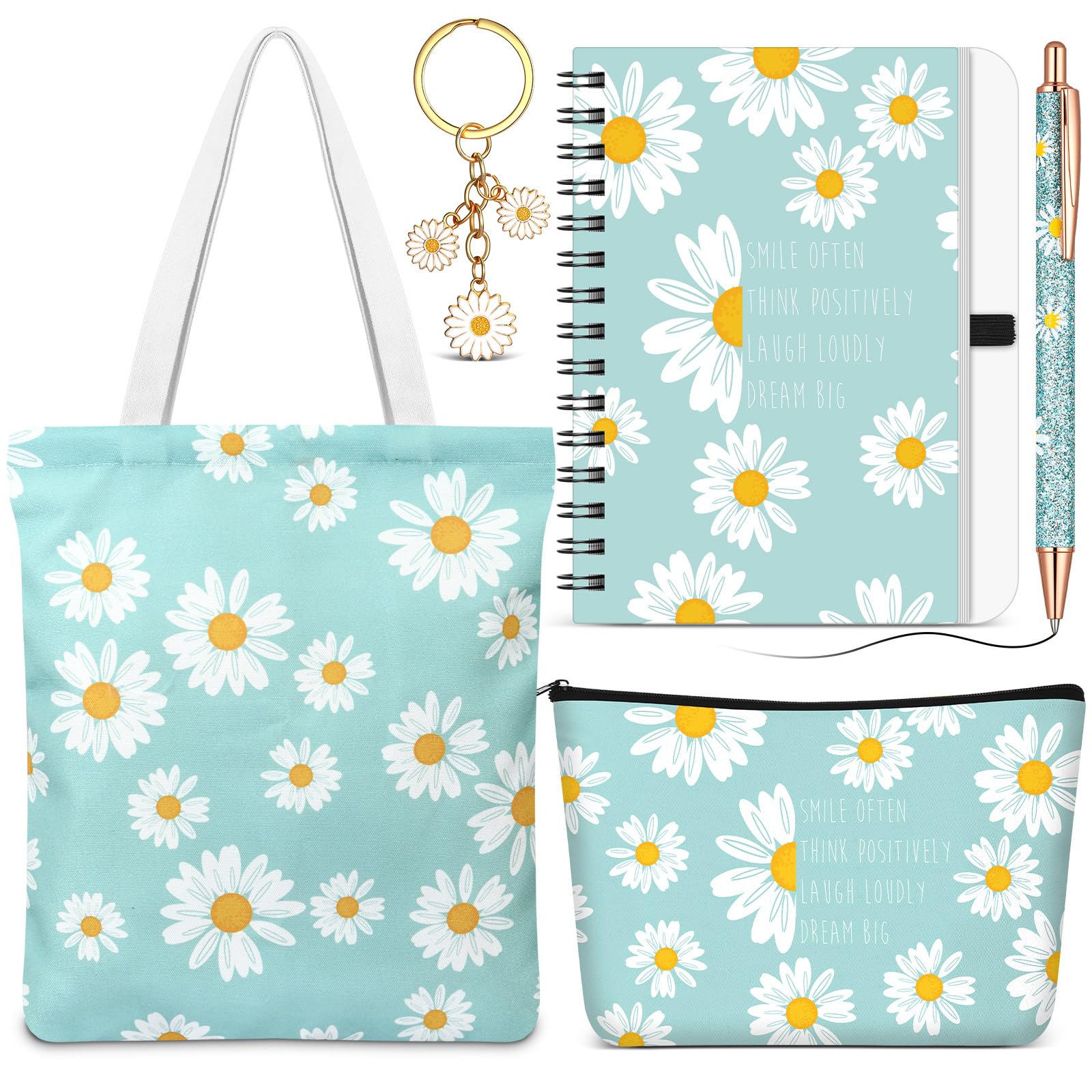 5 Pcs Cute Gifts Set for Women Include Tote Bag Cosmetic Bag Keychain Pen Notebook,Inspiring Gifts for Friendship Birthday Christmas Coworkers Family(Daisy)