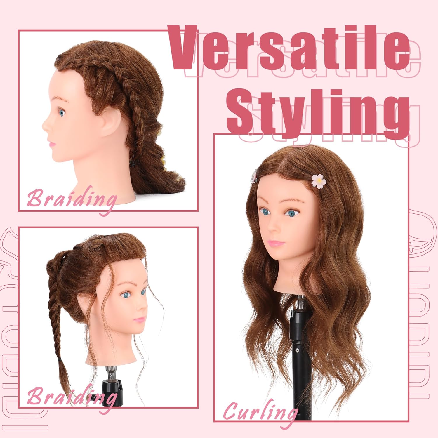 Mannequin Head Human Hair 22"-24" Female 100% Human Hair Mannequin Head Hair Styling Cosmetology Manikin Head Doll Head for Hairdresser with Free Clamp Holder and Tools