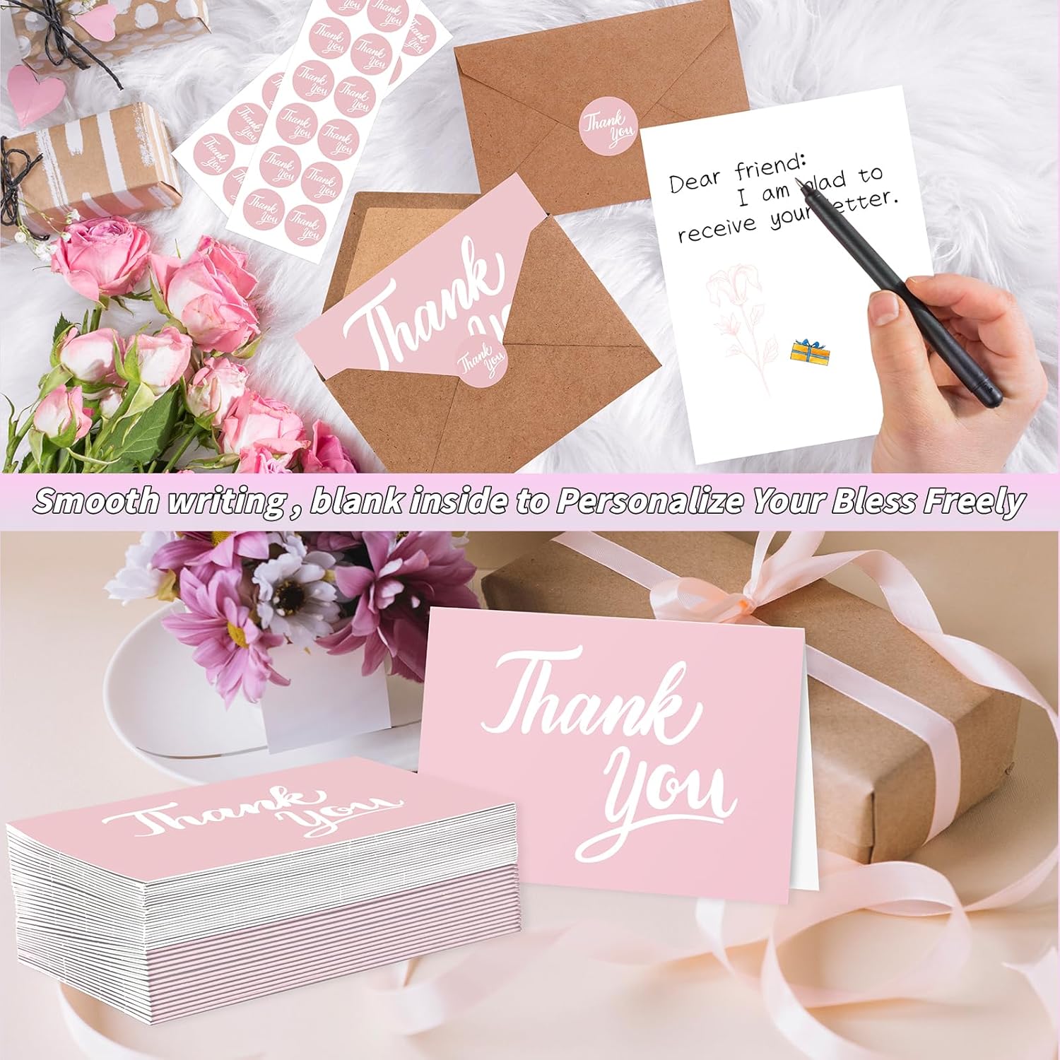 600 Pcs Pink Thank You Cards Bulk with Kraft Envelopes and Stickers 4x6 Inch Blank Thank You Notes Box Set Minimalistic Design for Business Wedding Baby Shower Graduation Bridal Shower Christmas