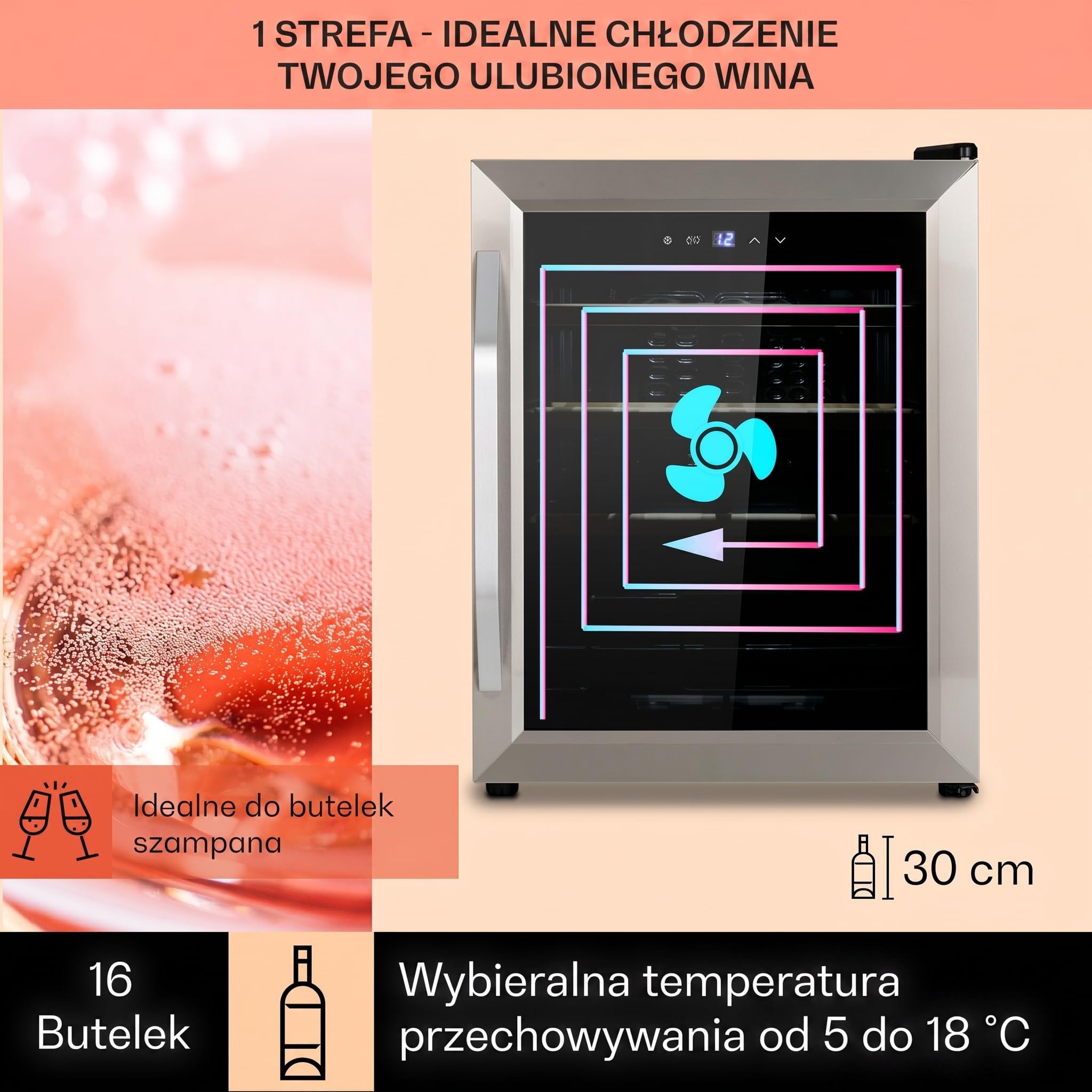 Klarstein Chłodziarka do wina, Wąska lodówka na napoje, lodówka ze szklanymi drzwiami, Wolnostojące chłodziarki, Mała chłodziarka do wina, 1 strefa, Ochrona UV, 5-18 °C, 16 butelek