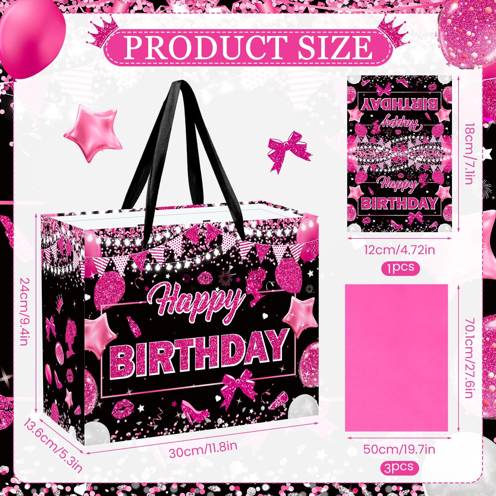 Large Pink Birthday Gift Bag Set - 11.8x9.44x5.31 Inch With Card & Tissue Paper, Graffiti Lip Design