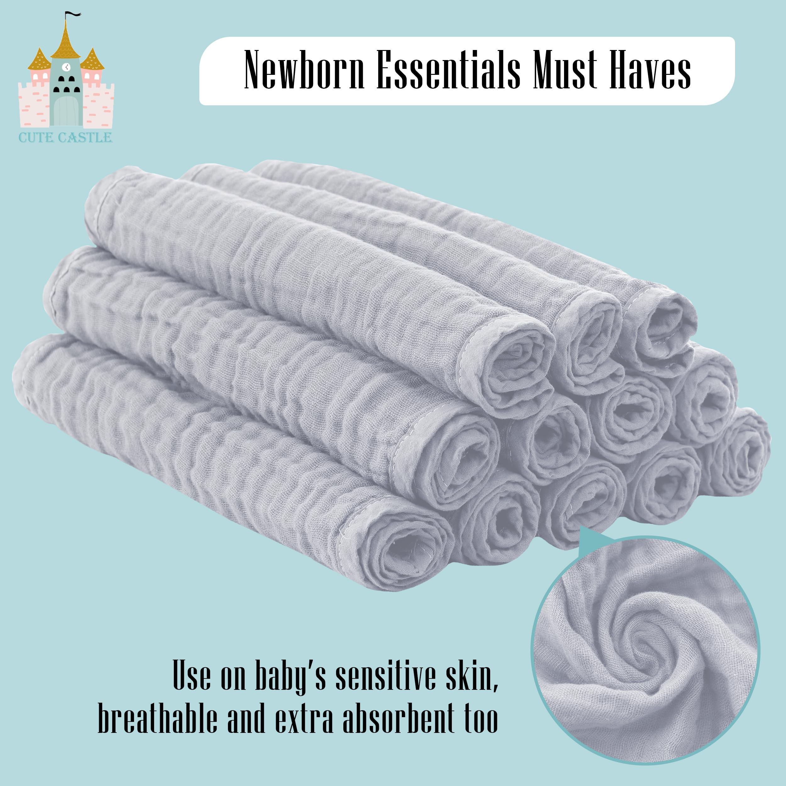 Cute Castle Paquete de 12 paños de muselina para eructos para bebé, ultrasuaves, 100 % algodón, paños grandes de 20 x 10 pulgadas, trapos para escupir leche súper absorbentes, paños para eructos
