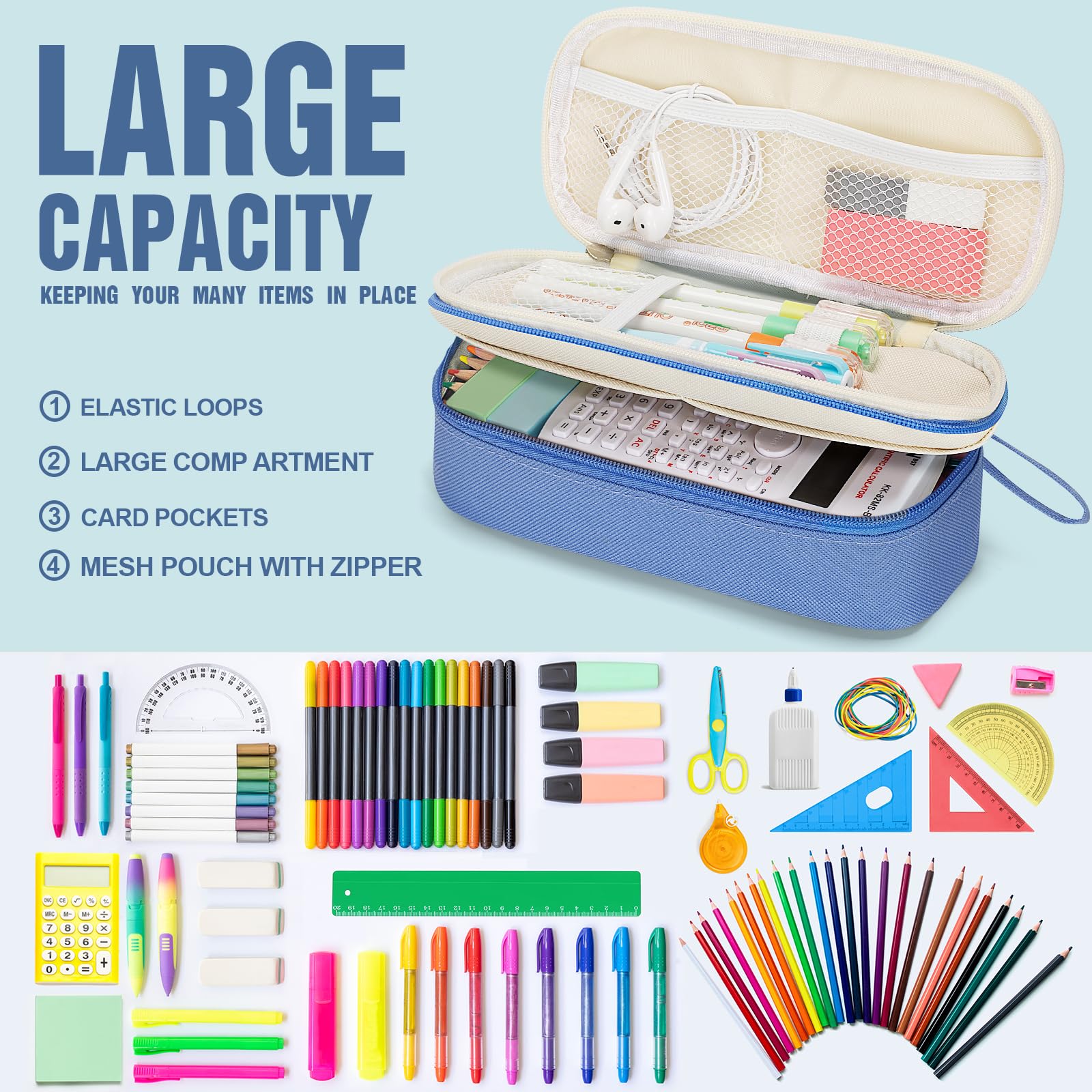 KMUYSL Large Pencil Case, Big Pencil Pouch with 3 Compartments, Handheld Pen Bag Organizer with Zipper, Portable Pen Bag for School Office Supplies Teen Girl Boy Adult, Blue