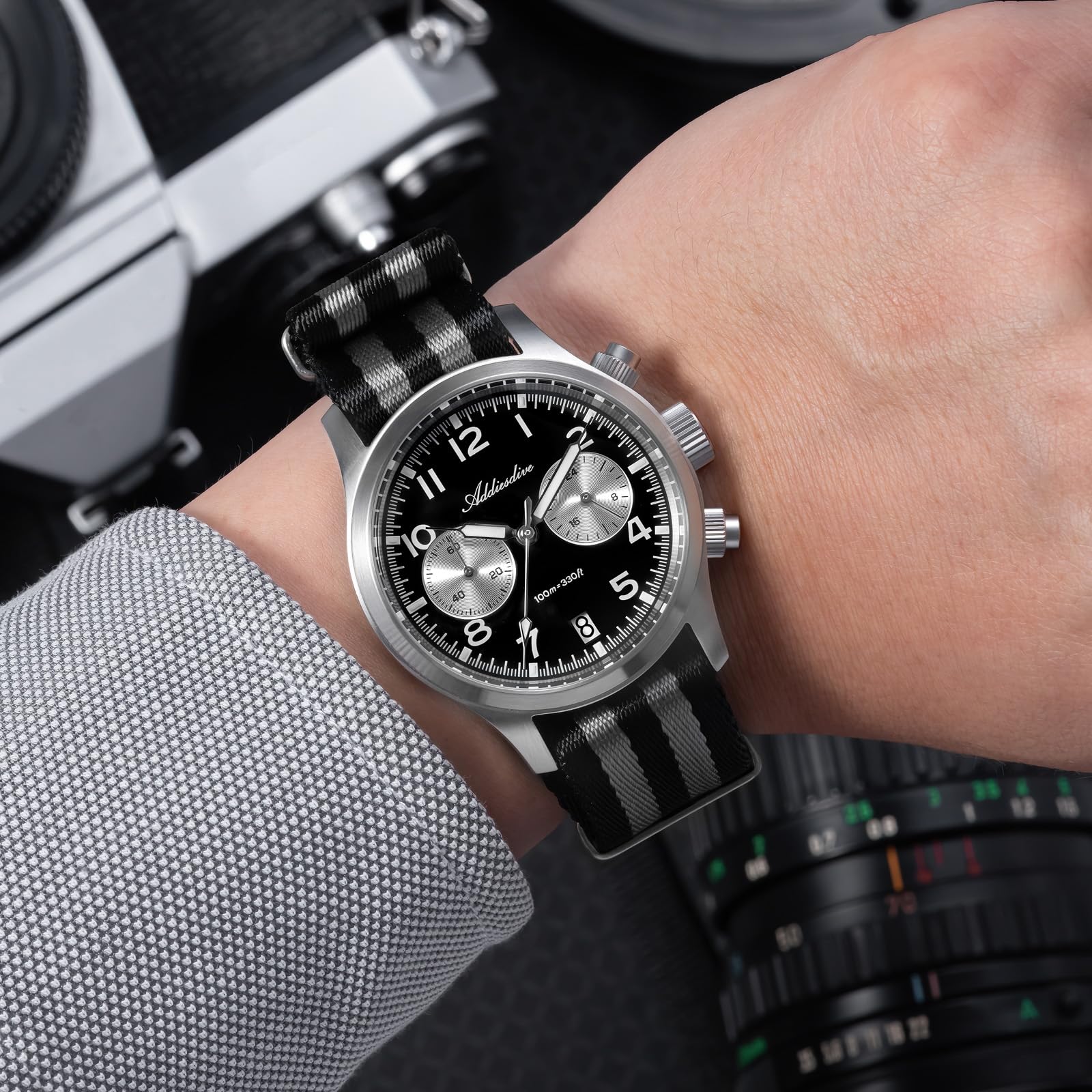ADDIESDIVE Męski luksusowy zegarek kwarcowy chronograf z mechanizmem VK64 100 m wodoszczelny szafirowe szkło BGW9 Luminous analogowy zegarek z nylonową bransoletką do sportów na świeżym powietrzu