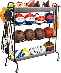 Sttoraboks Basketball Rack, Garage Ball Storage Stand 4-Layer Ball Rack Rolling Balls Organizer with Baseball Bat Holder & Hooks Sport Equipment Storage Cart with Wheels for Football Volleyball Soccer