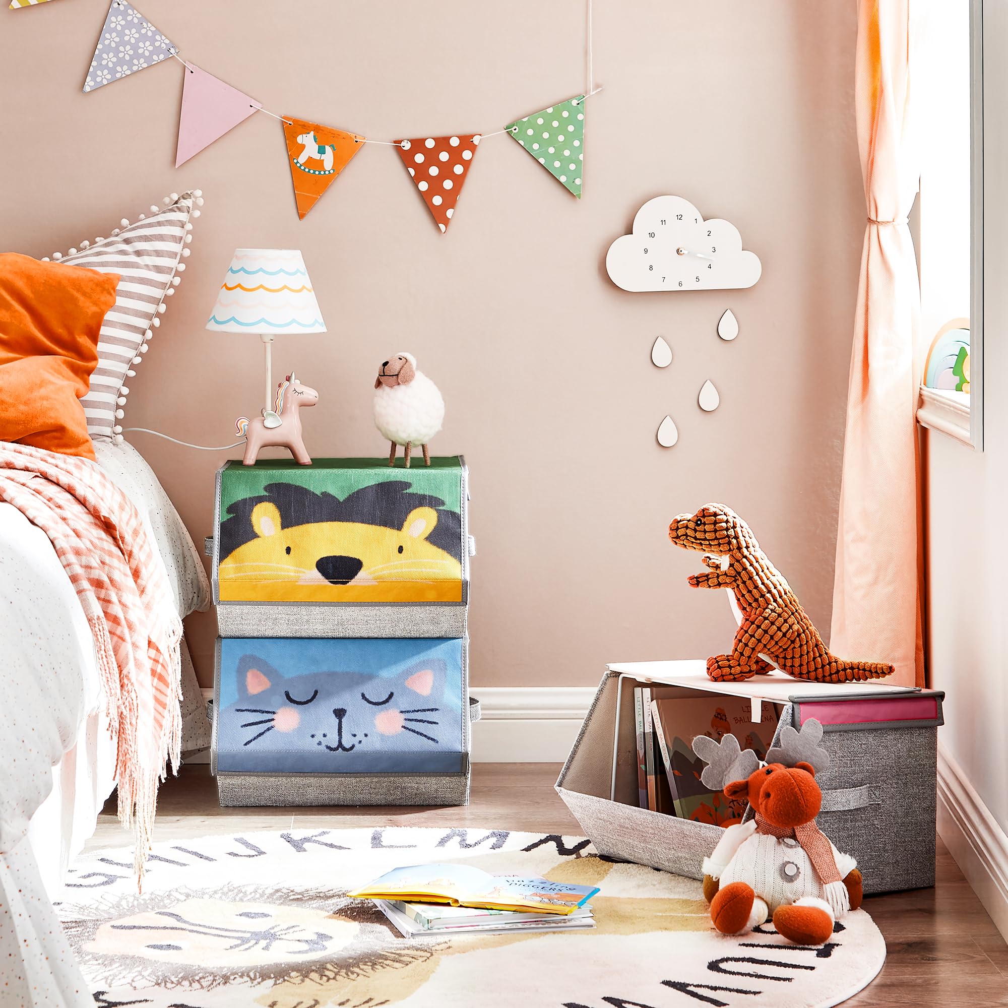 SONGMICS Aufbewahrungsboxen, 3er Set, Faltboxen, Stoffboxen mit Griffen, Organizer, magnetischer Deckel, für Kinderzimmer, Spielzimmer, Tier-Motive, rosa, blau, grün und grau RFB760P01