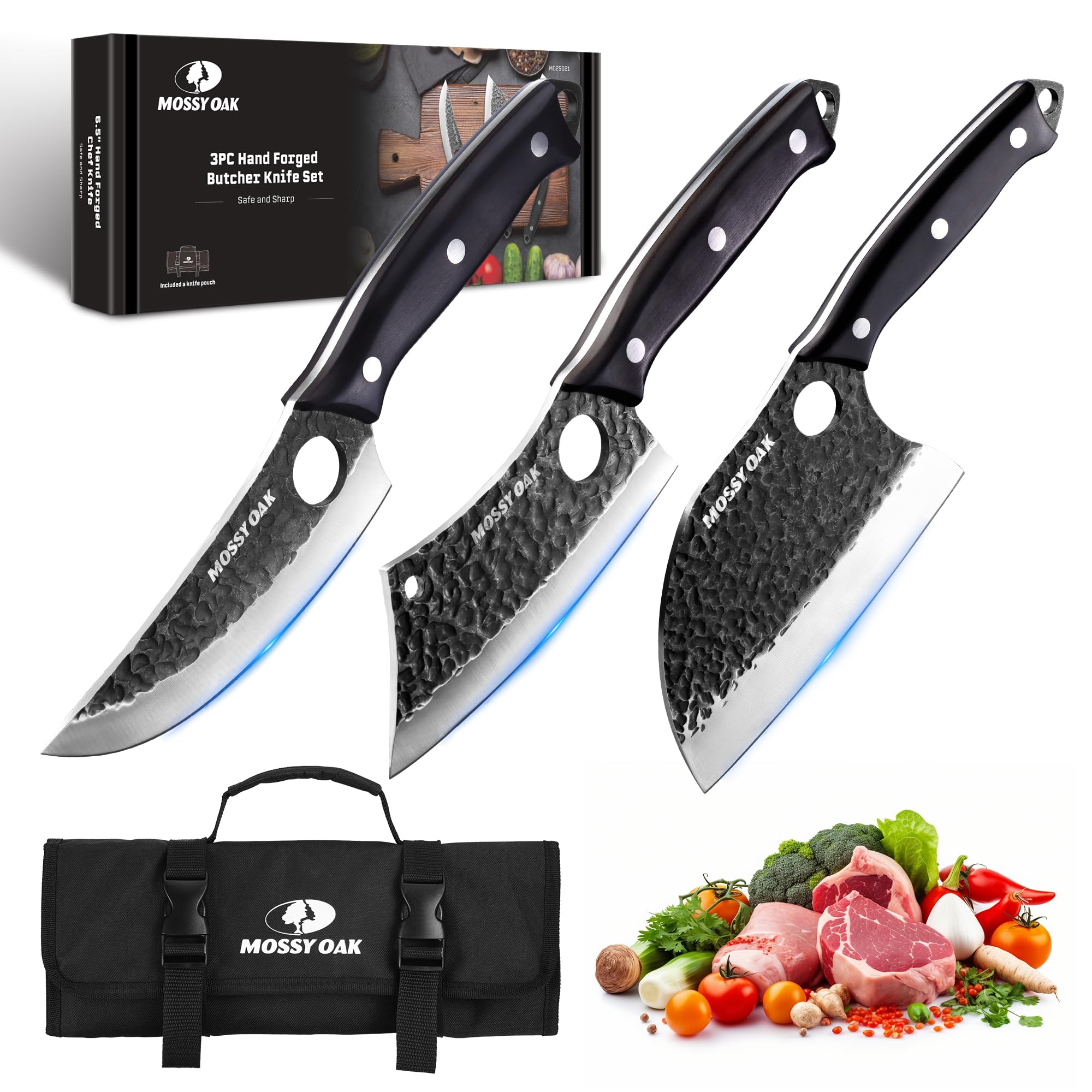 Mossy Oak Butcher Knife Set 3PCS Hand Forged Chef Knives with Oxford Roll Bag Meat Cleavers Full Tang