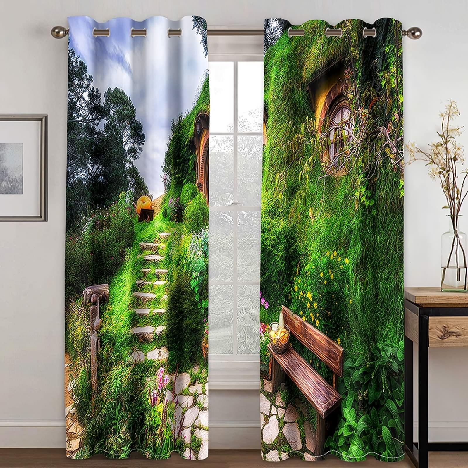 Vorhang zum Einhängen, Vorhang Fenster Grün Waldhauslandschaft Polyester 2er Set 172x115cm