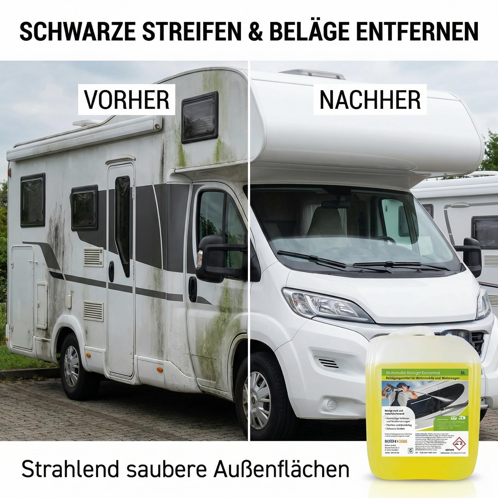 Richter Chemie Wohnwagenreiniger außen, Caravanreiniger & Wohnmobilreiniger Konzentrat, 5L Kanister, verdünnbar (bis 50 L Lösung), starke Reinigung, materialschonend, Entfernt Schwarze Streifen