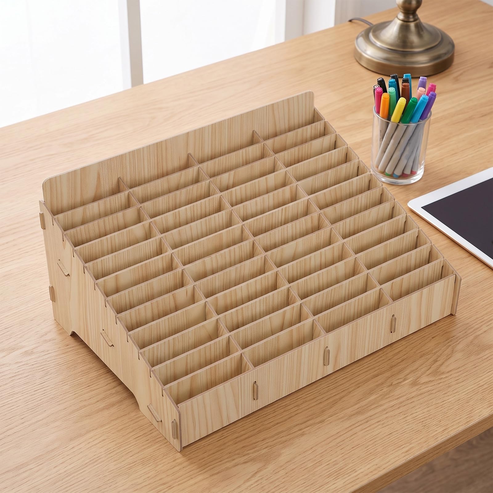 ABOOFAN Scatola in Legno per Cellulari 48 Scomparti Inclinati | Tonalità Kaki, Design Naturale, Struttura Multi Scomparto, per Ufficio, Laboratorio, Studenti e Famiglie