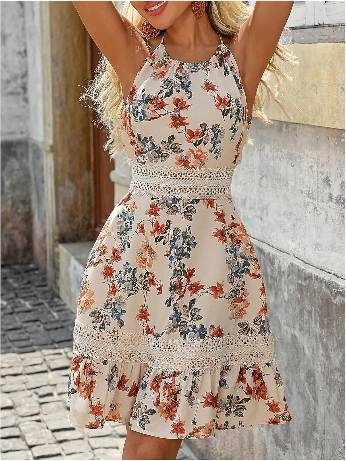 OYOANGLE Women's Floral Backless Dress Lace Trim Sleeveless Tie Back Ruffle A Line Short Halter Dresses - Image 4