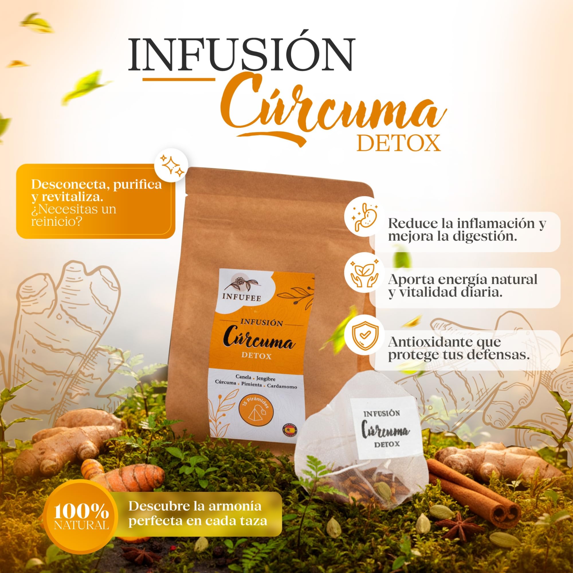 Infusión Detox de Cúrcuma y Jengibre - Té Antioxidante y Antiinflamatorio con Pimienta Negra, Canela y Cardamomo - Plan Adelgazante Natural 15 Dias- Infusión Sin Teína para Dieta Depurativa