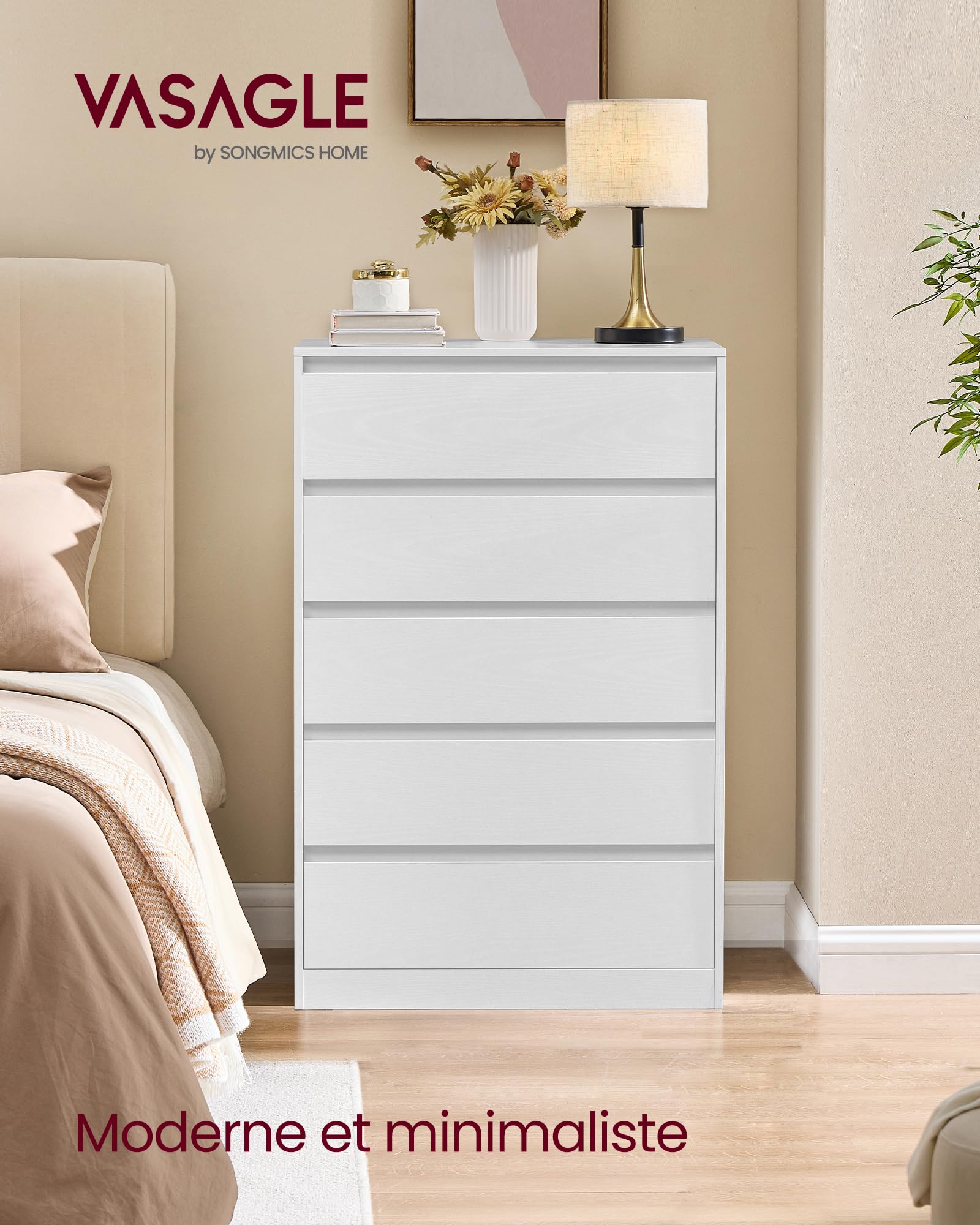 VASAGLE Kailyn Collection - Commode Chambre 5 Tiroirs, Armoire de Rangement, Meuble à Vêtements, 40 x 60 x 97,4 cm, Style Moderne, Blanc Neige LTS605WE01V1