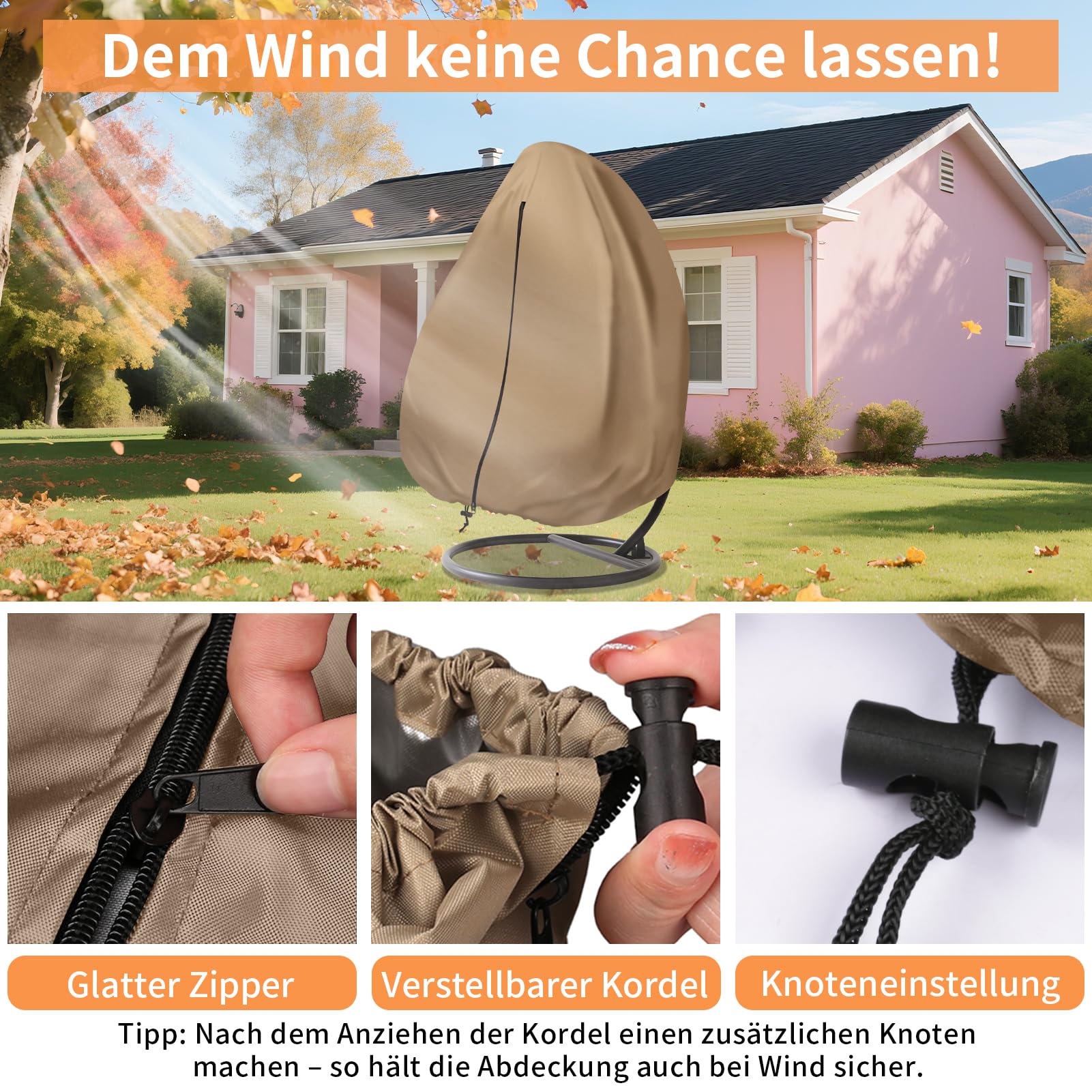 Hängesessel Abdeckung Hängestuhl Schutzhülle B115xH190cm mit Tasche | 3000mm Wasserdicht, UV-Beständig, 210D Oxford Reißfest Stuhlschutz, Abdeckplane für Hängekorb, Terrassen-Eierstuhl-Abdeckung