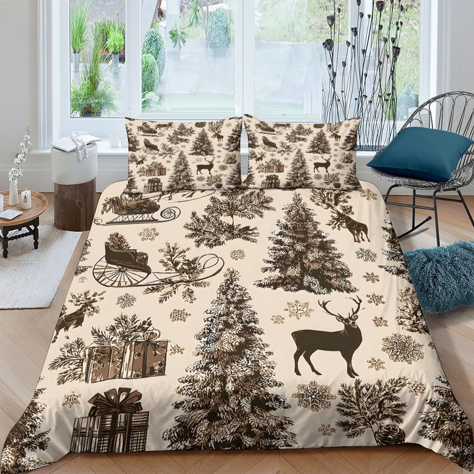 GPLZQXKJNH 3D Printed Winter Forest Duvet Cover Microfiber Soft Breathable Reindeer Bedding Set with 2 Pillowcases for Bedroom Decor Single（135x200cm）