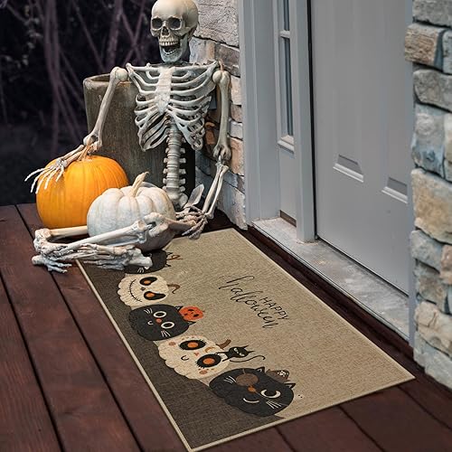 Miniatura 6 de Tapete de bienvenida de Halloween, bonito tapete de calabaza y gato, tapete de entrada para interiores y exteriores, antideslizante, absorbente,