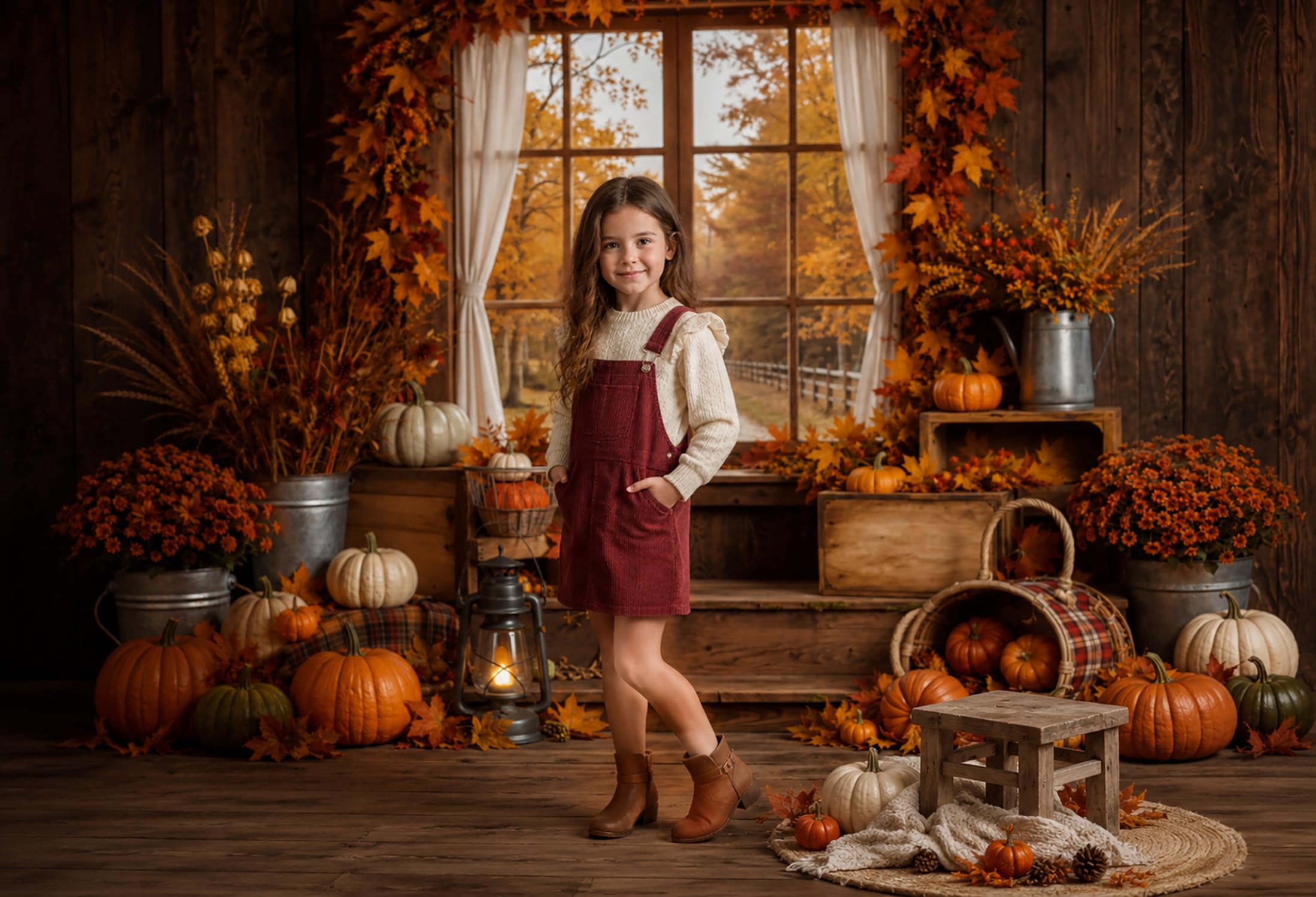 Rustykalne jesienne tło fotograficzne z drewnianym oknem Kate 7 x 5 stóp / 2,2 x 1,5 m drewniana chata z dyniami idealna na rodzinne sesje zdjęciowe baby shower imprezy i portrety
