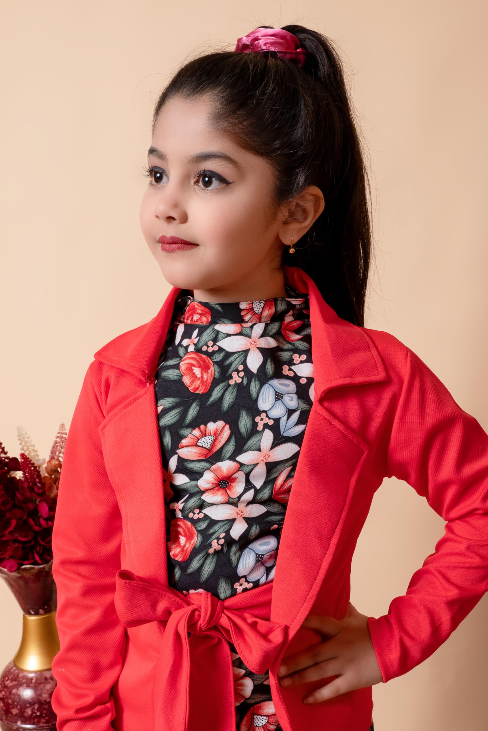 SPAMitude Girls Self Designed Premium Cotton Jacket Jumpsuit Dress | Floral Printed Jumpsuit Jacket Set for Birthday Girl (10-11 years, Red) - Image 6 thumbnail