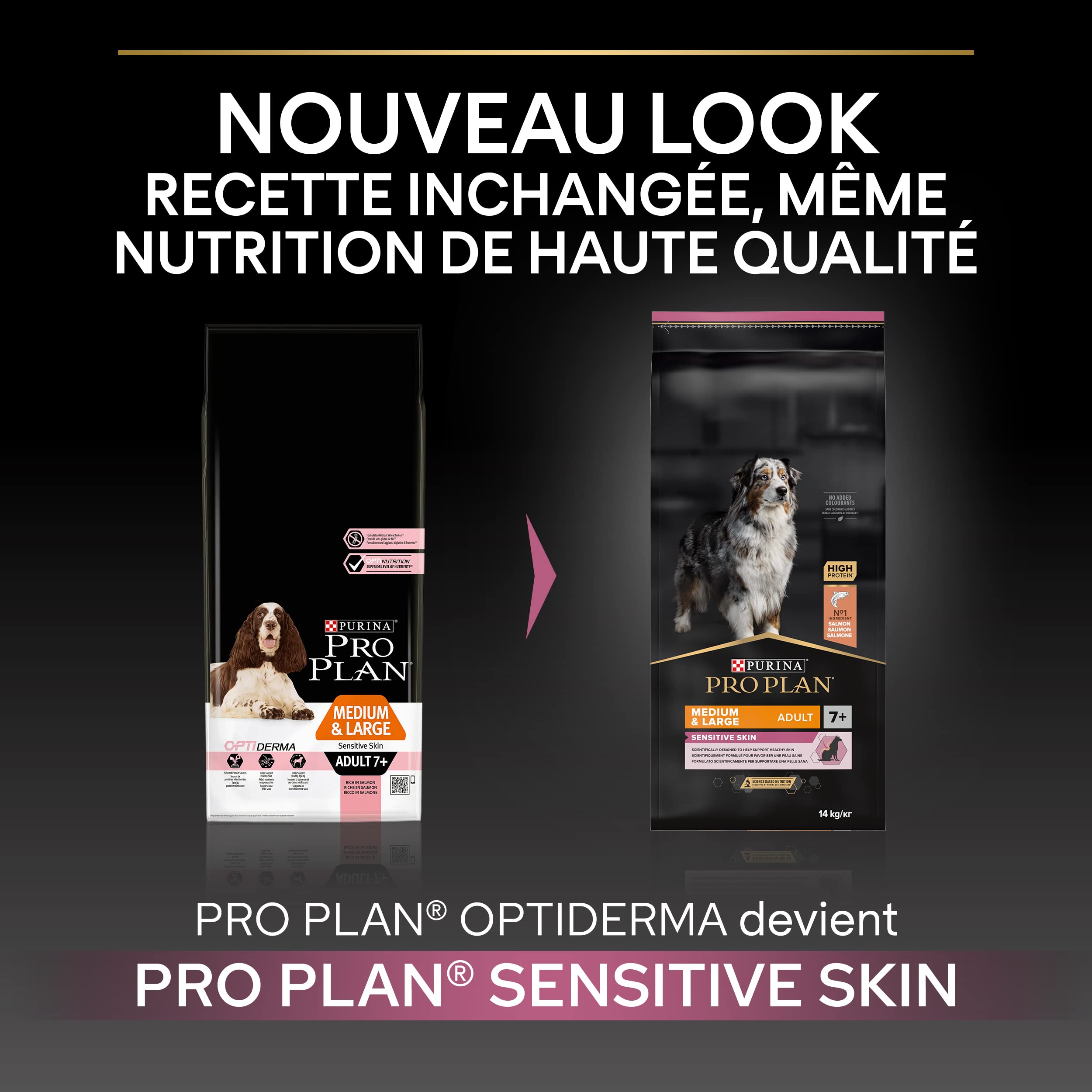 PURINA PRO PLAN | Sensitive Skin | Croquettes complètes pour chiens de moyenne/grande taille de plus de 7ans | Favorise une peau saine, un pelage brillant | Saumon | Croquettes | Sac | Lot de 4 x 3 Kg