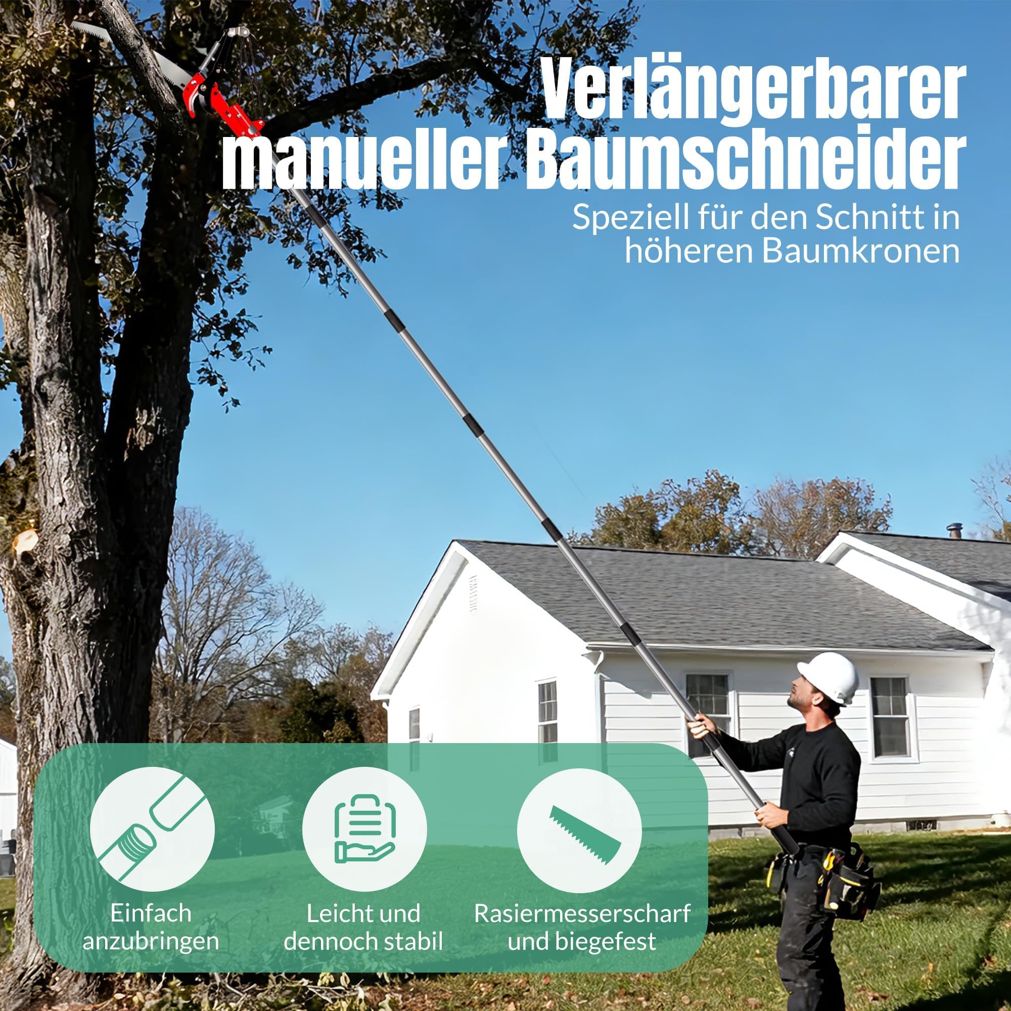 Walensee Teleskop-Baumschere 2-in-1 mit Astsäge, 3 M ausziehbare Stange, Baumschneider mit Stahlklinge und Astschneider, leichte, hochfeste Griffe für einfache Garten- und Baumpflege, Rot